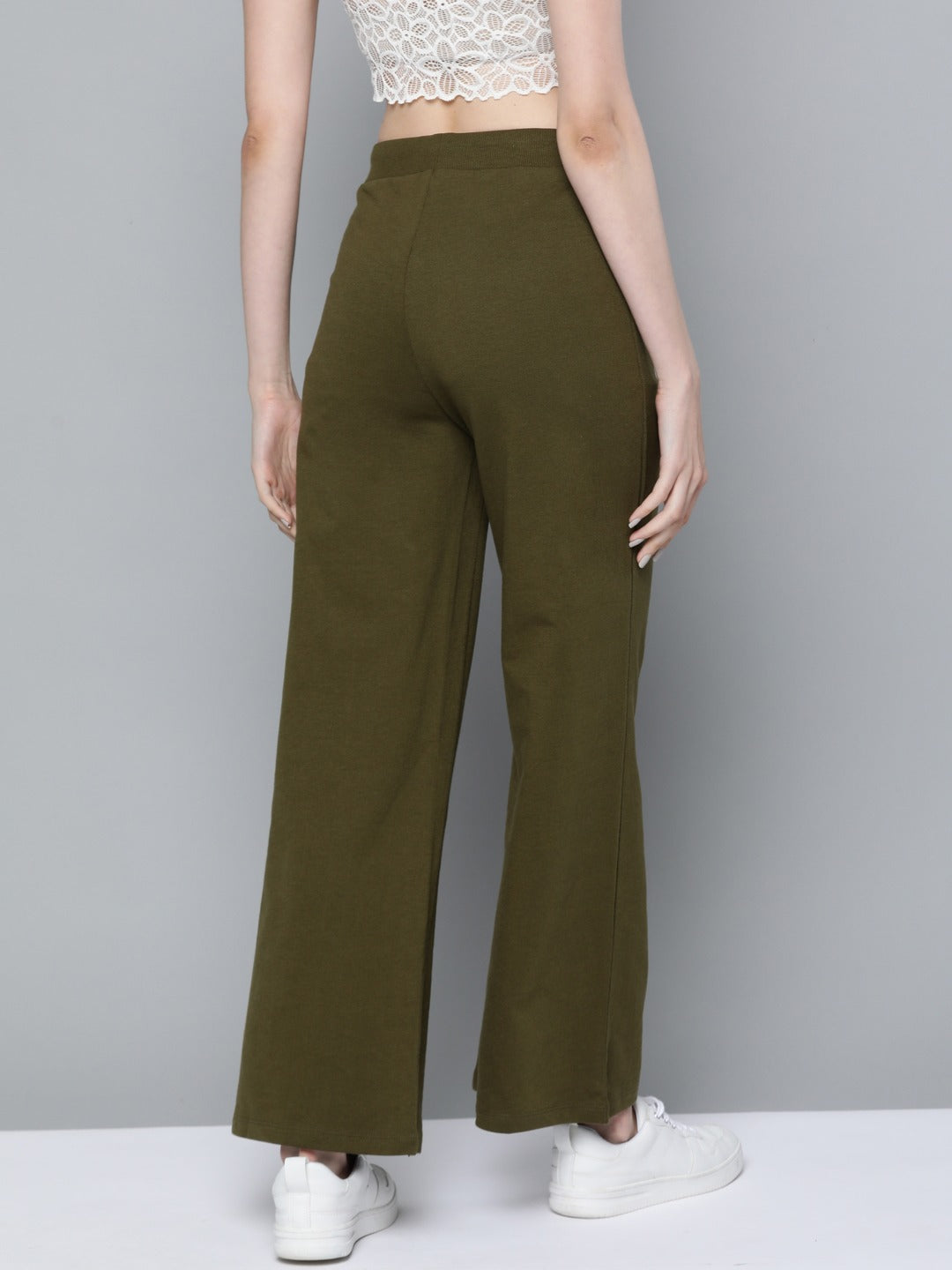 Women Olive Terry Drawstring Wide Leg Pants