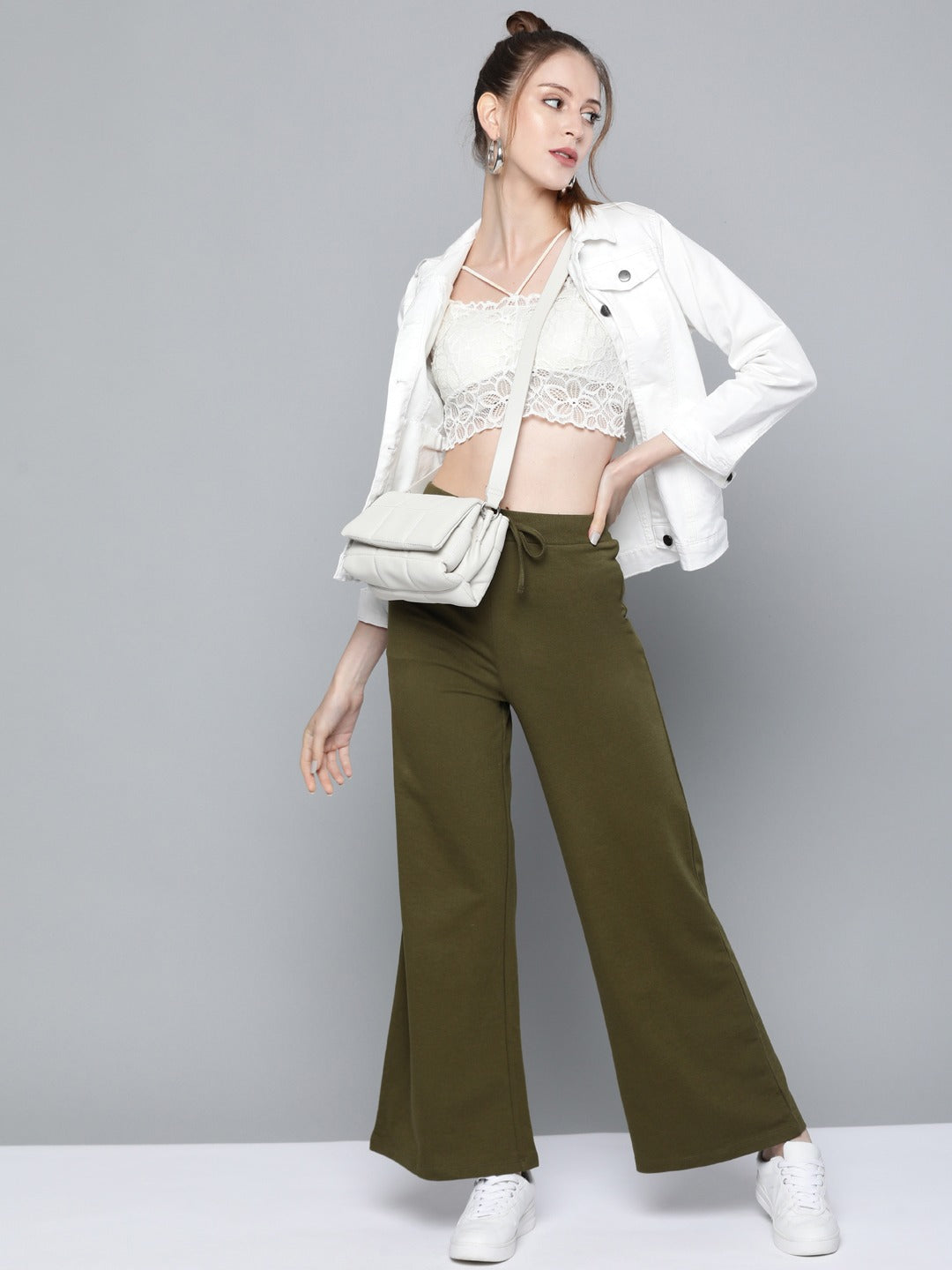 Women Olive Terry Drawstring Wide Leg Pants