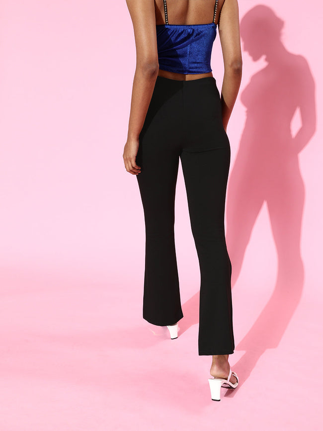 Women Black Roma Front Slit Bell Bottom Pants