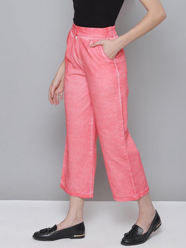 Women Pink Twill Pigment Wash Straight Pants