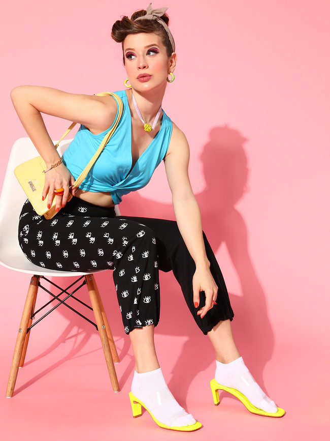 Women Black Eye Print Cargo Joggers-Cargos-SASSAFRAS