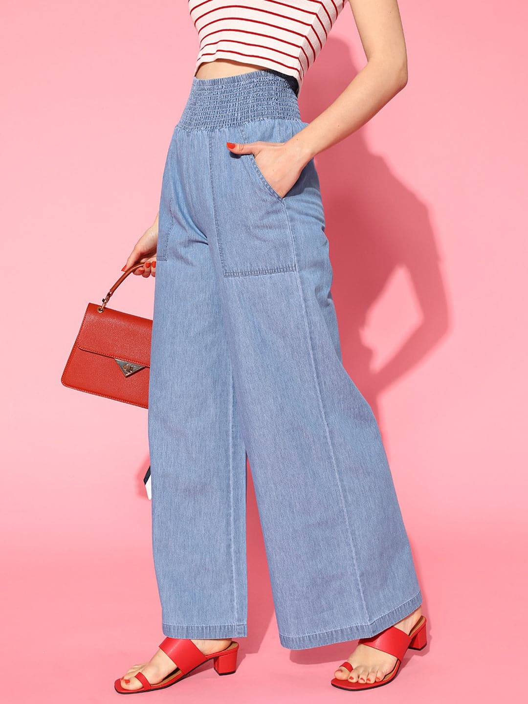 Women Blue Denim Smocking Waist Flared Pants