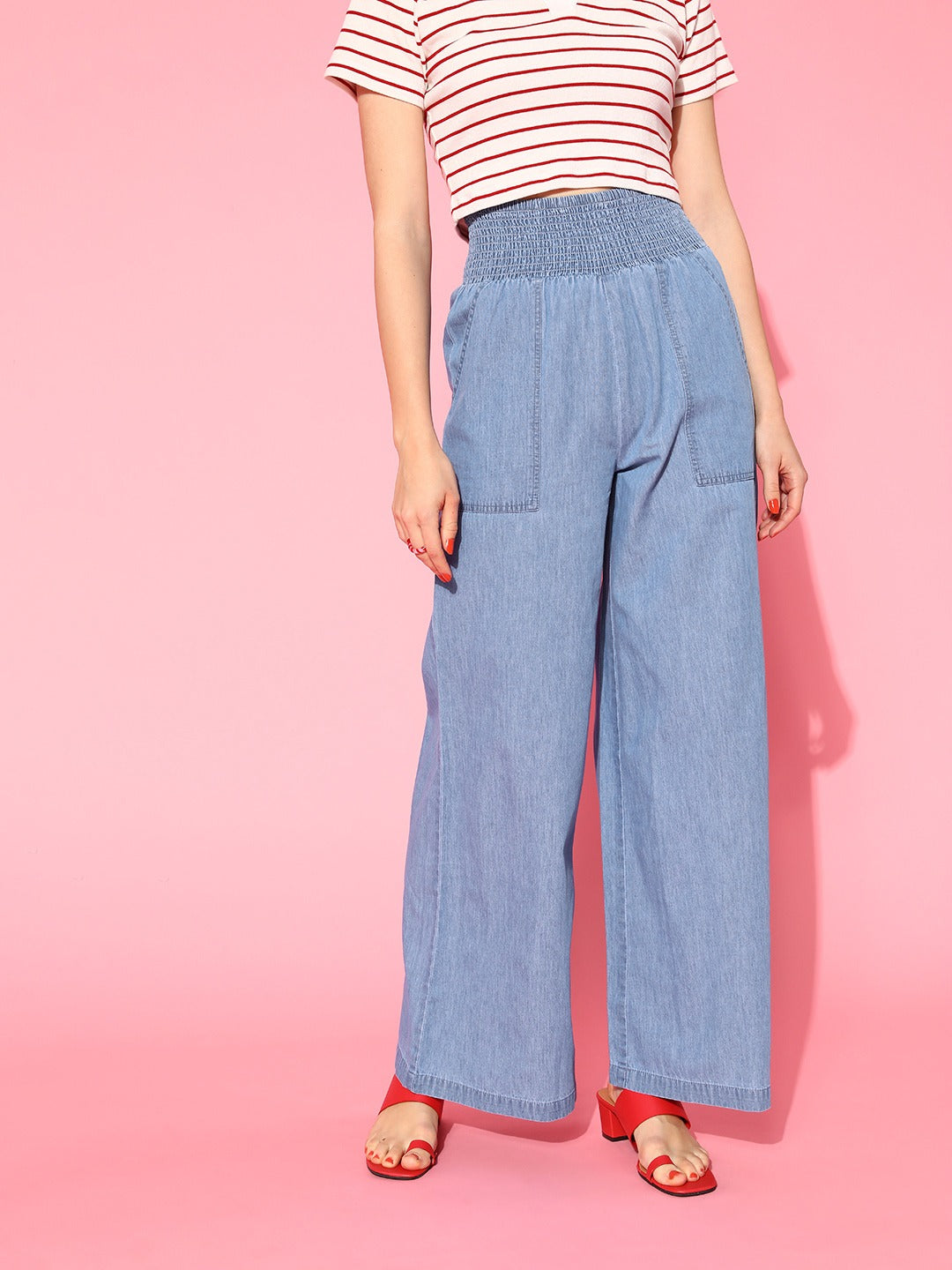 Women Blue Denim Smocking Waist Flared Pants