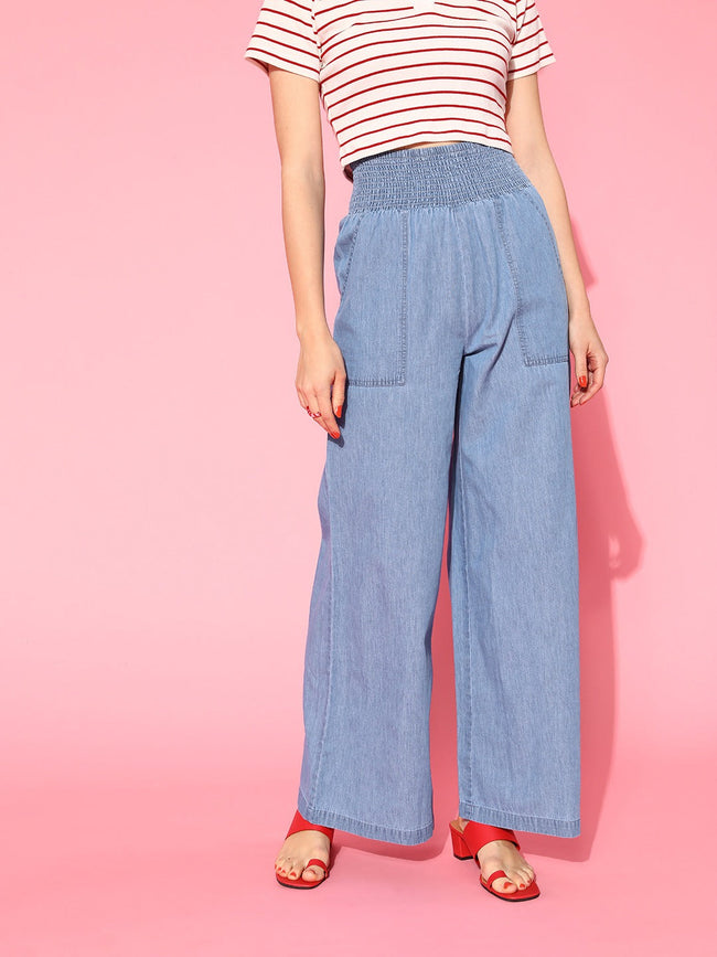 Women Blue Denim Smocking Waist Flared Pants