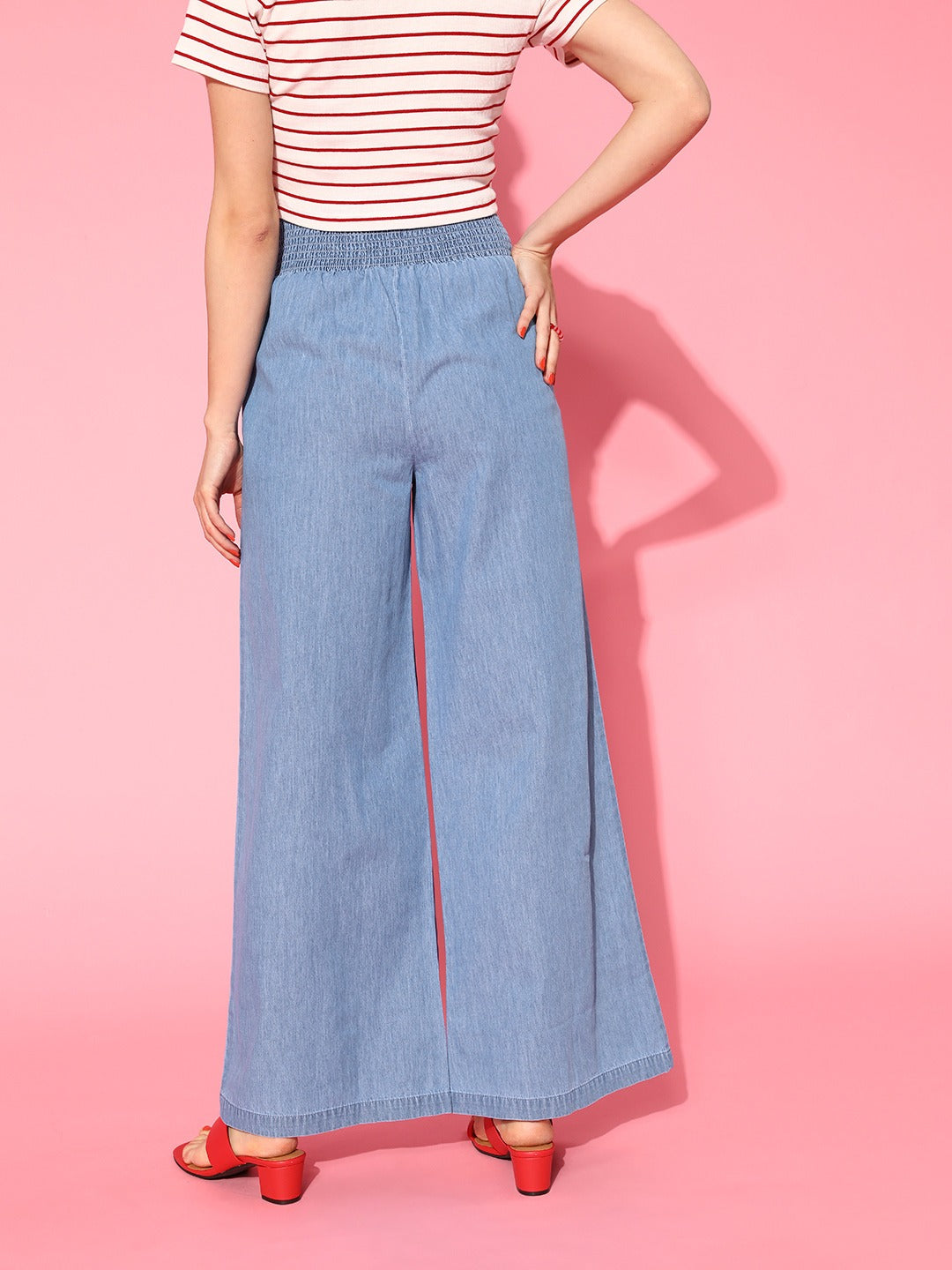 Women Blue Denim Smocking Waist Flared Pants