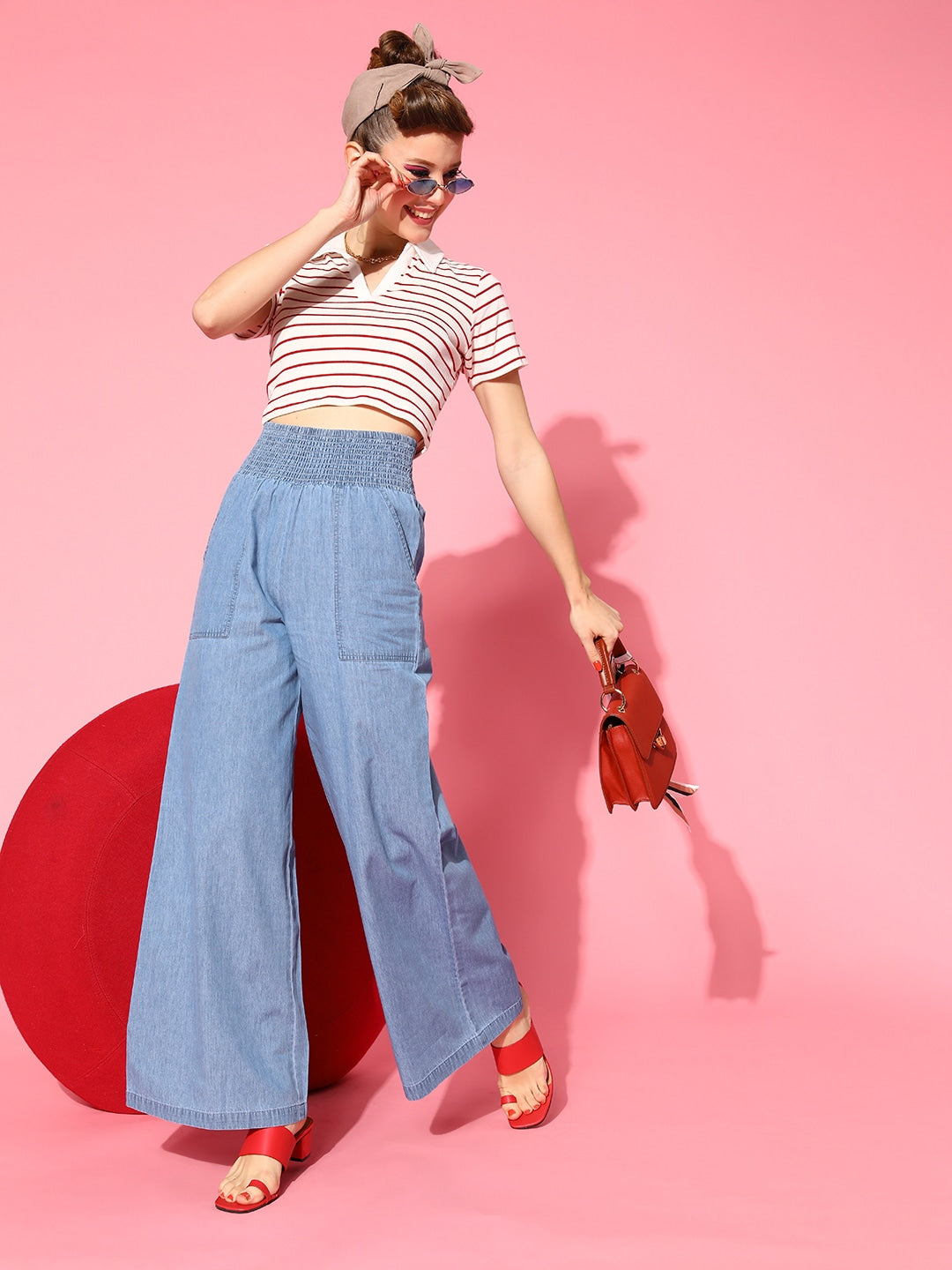 Women Blue Denim Smocking Waist Flared Pants