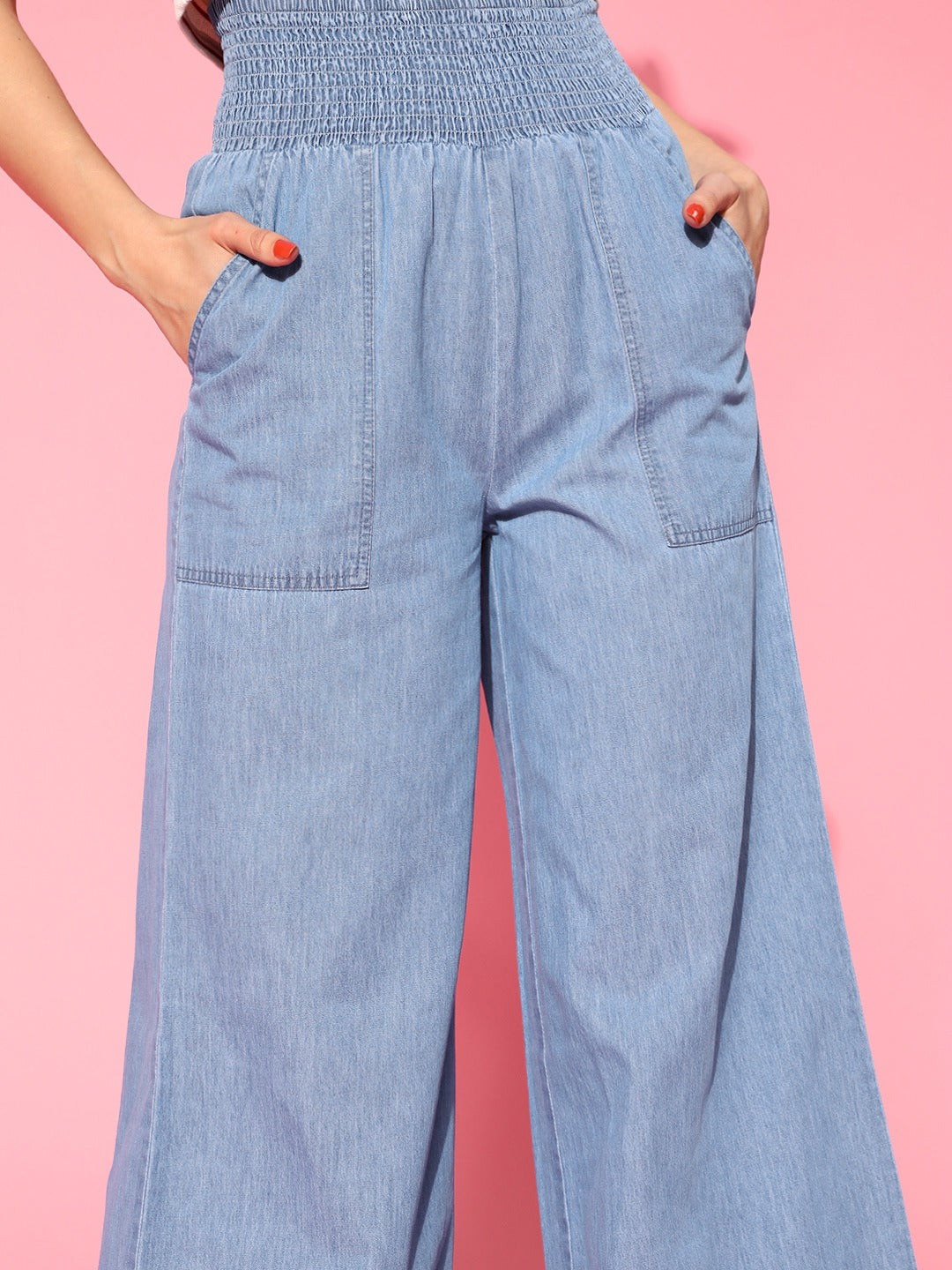 Women Blue Denim Smocking Waist Flared Pants