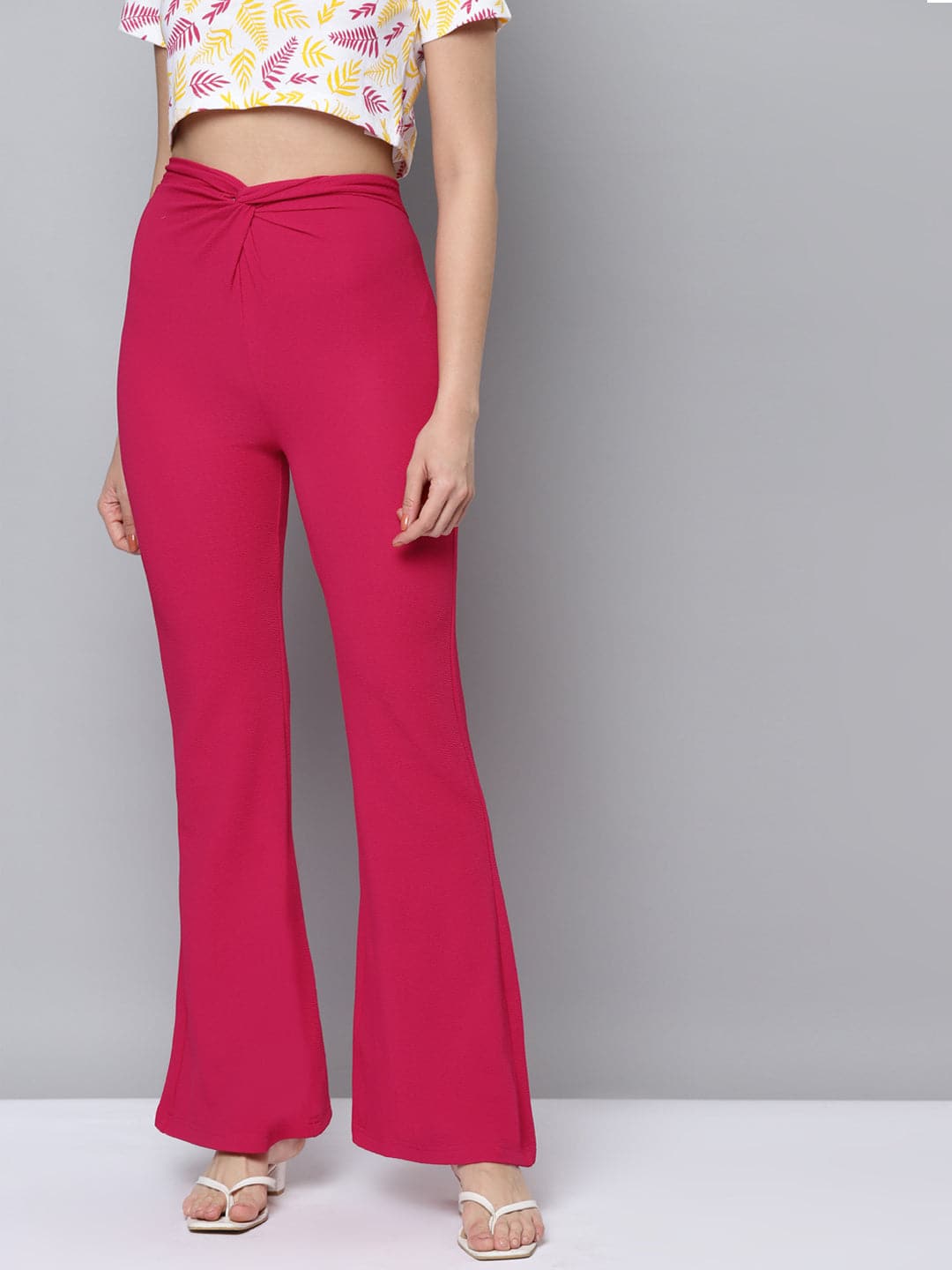 Women Fuchsia Twisted Waist Bell Bottom Pants-Pants-SASSAFRAS