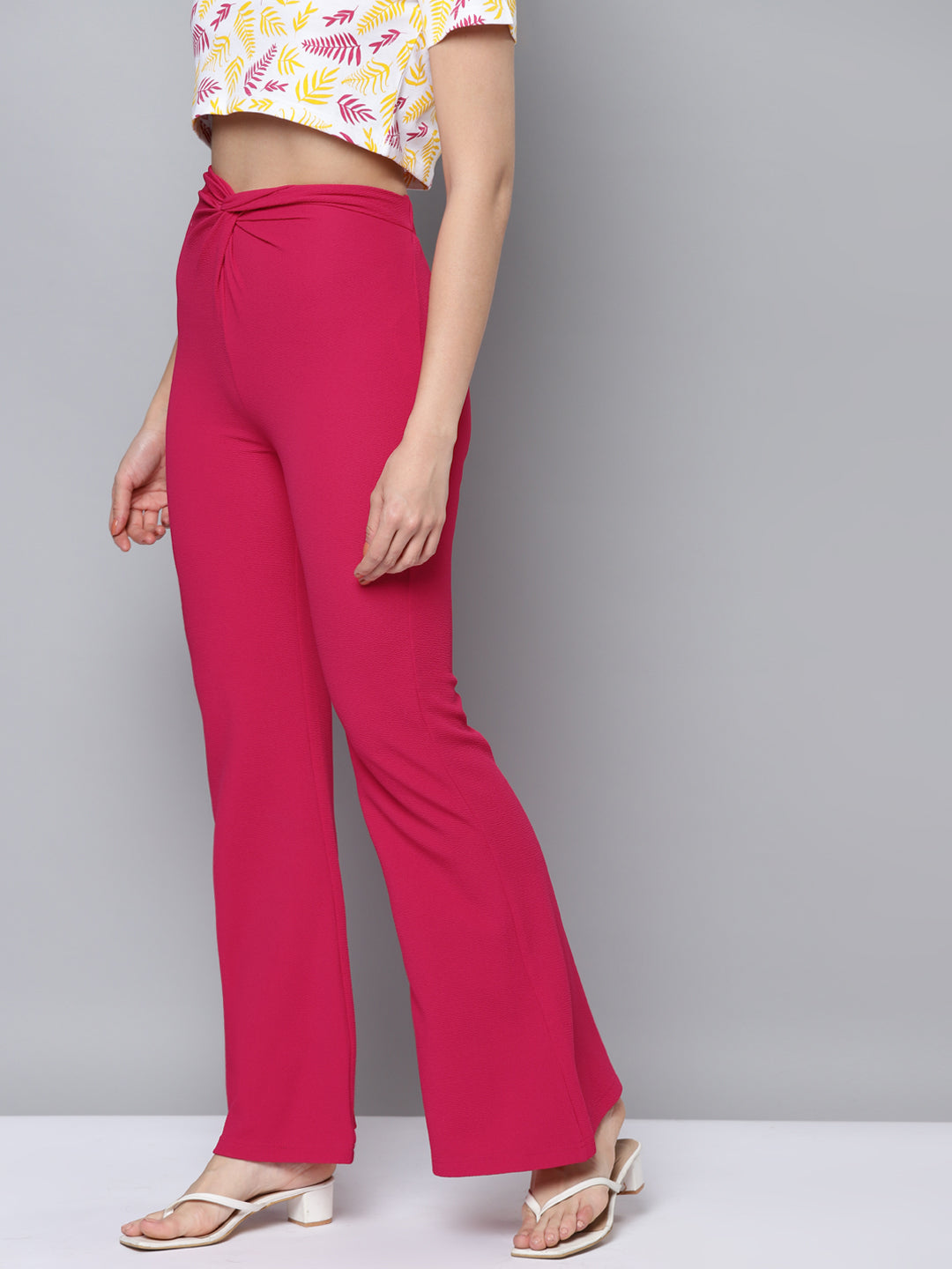 Women Fuchsia Twisted Waist Bell Bottom Pants