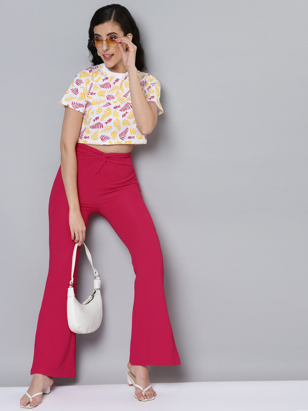 Women Fuchsia Twisted Waist Bell Bottom Pants