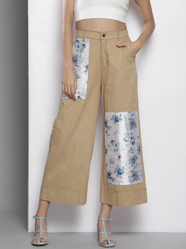 Women Khakhi With Floral Contrast Patch Twill Pants