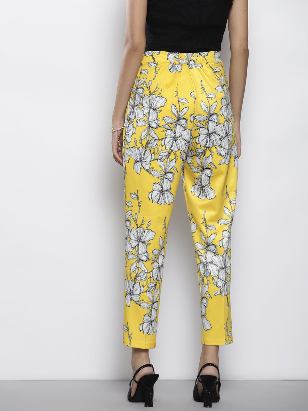 Women Yellow Floral Scuba Straight Pants