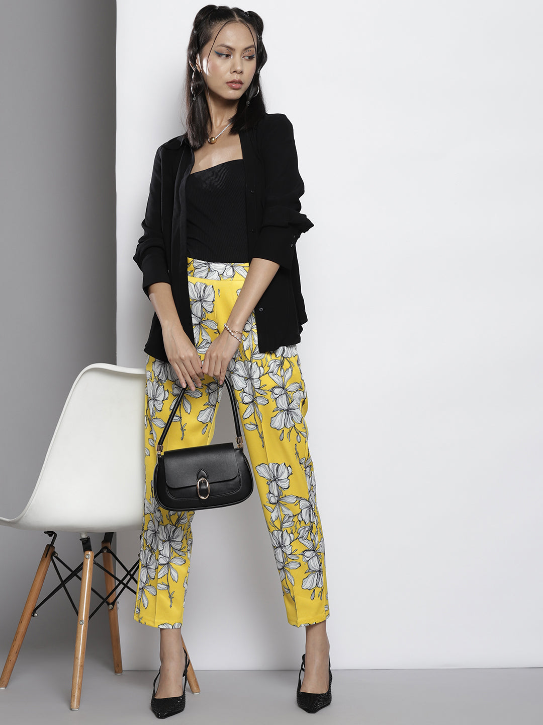 Women Yellow Floral Scuba Straight Pants