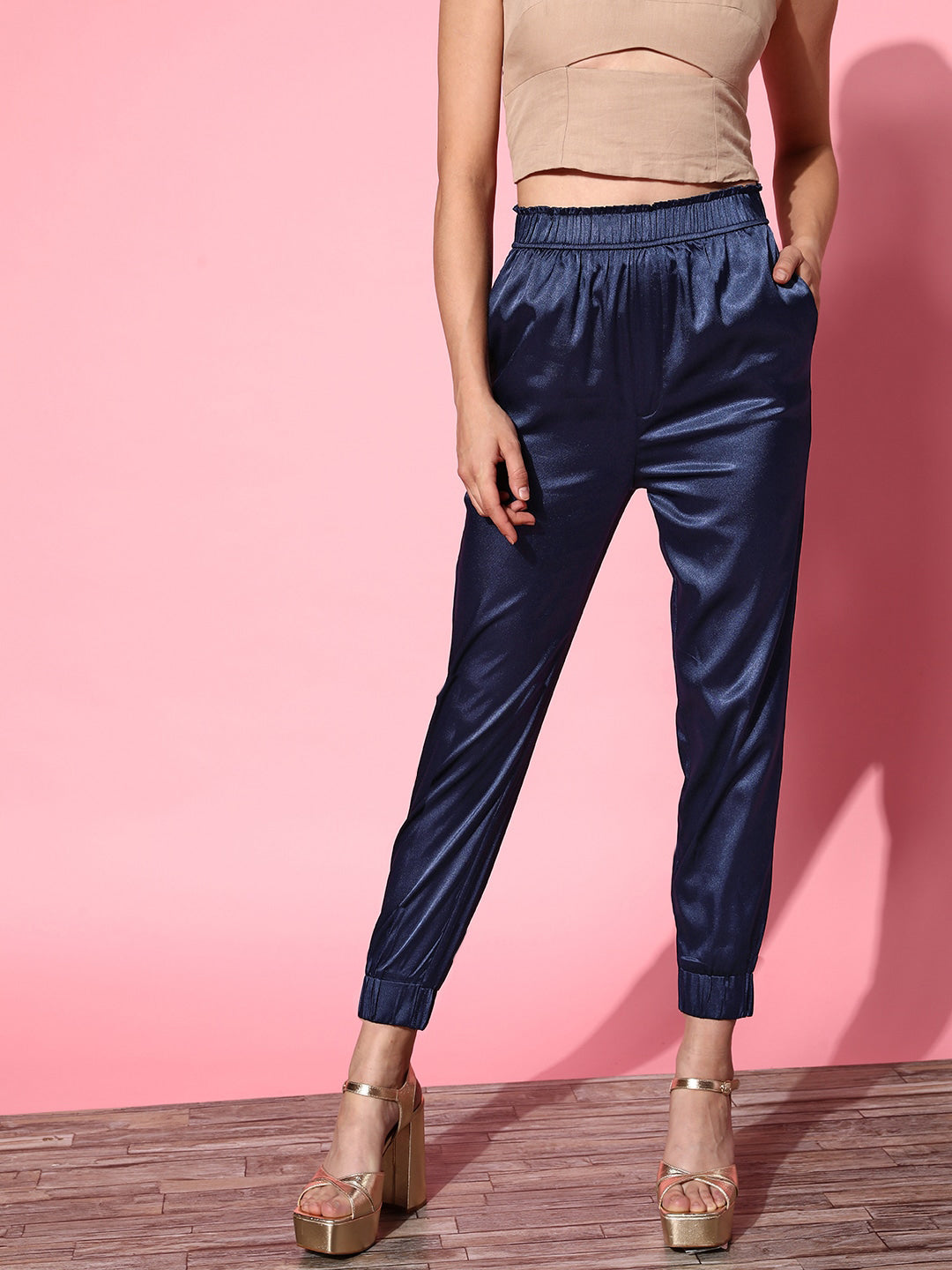 Women Navy Lycra Satin Jogger Pants