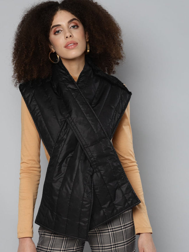 Women Black Shoulder Fur Puffer Scarf