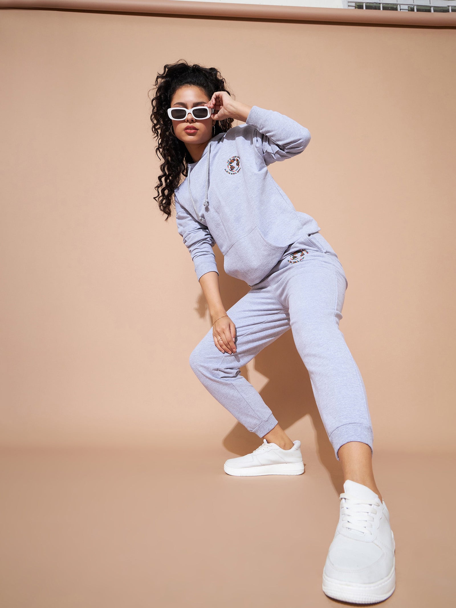 Grey Embroidered Oversized Hoodie With Track Pants-SASSAFRAS BASICS