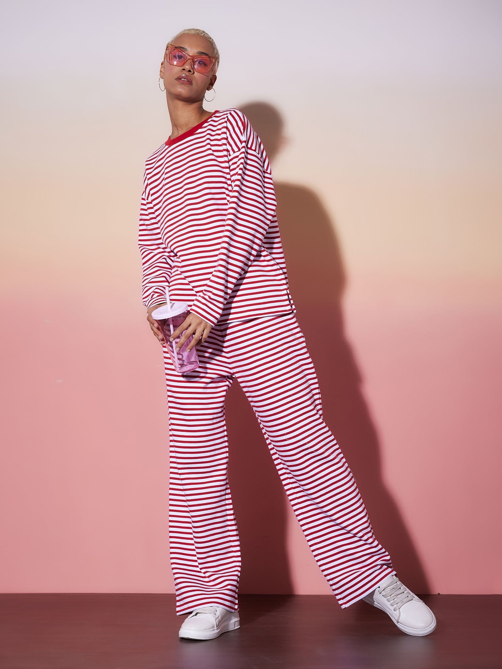 Women Red & White Stripe Top With Lounge Pants