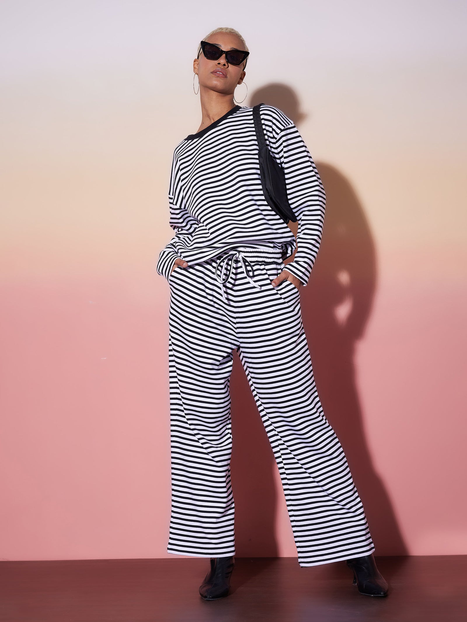 Black & White Stripe Top With Lounge Pants-SASSAFRAS alt-laze