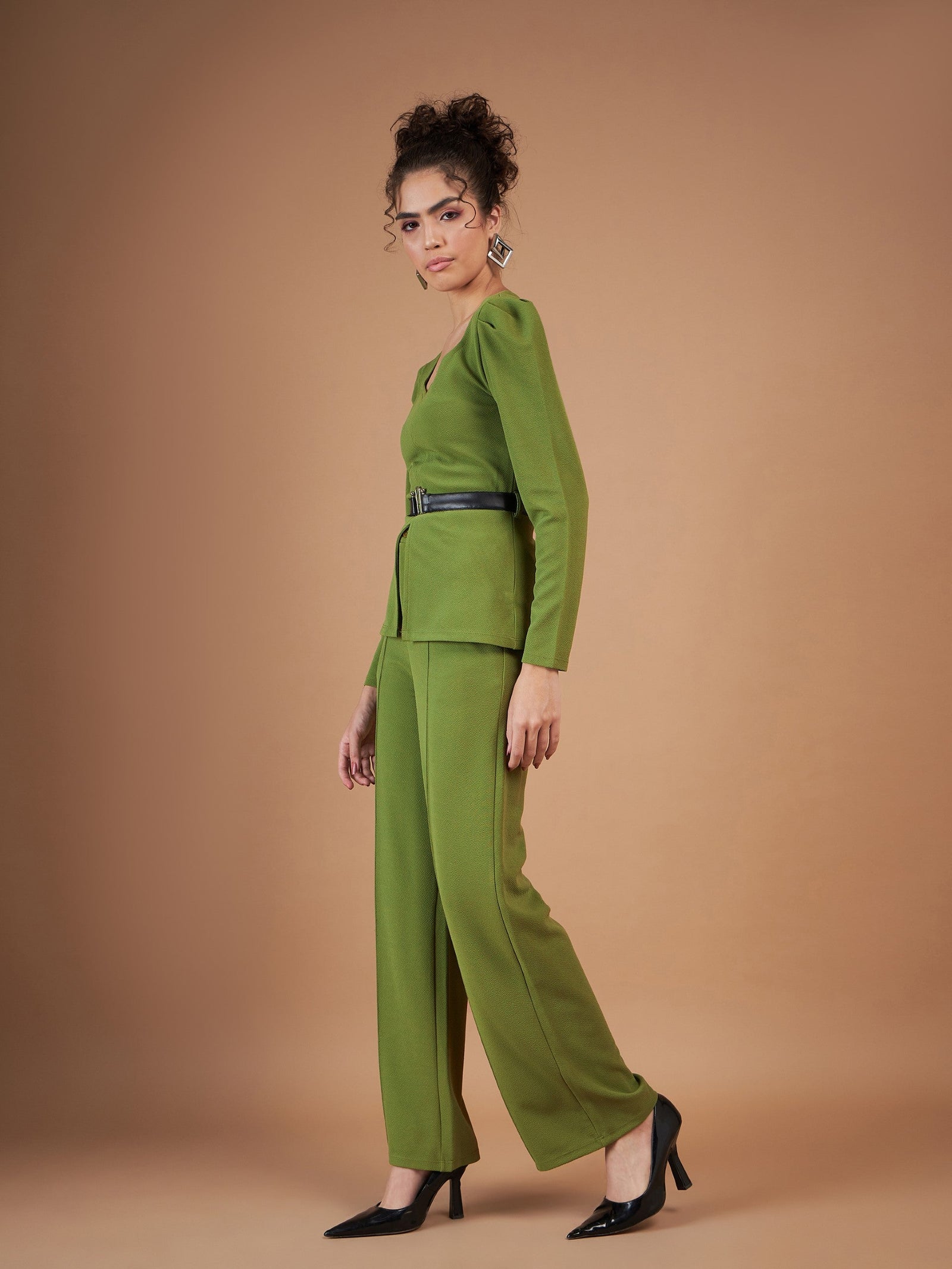 Green Belted Peplum Top With Darted Straight Pants-SASSAFRAS