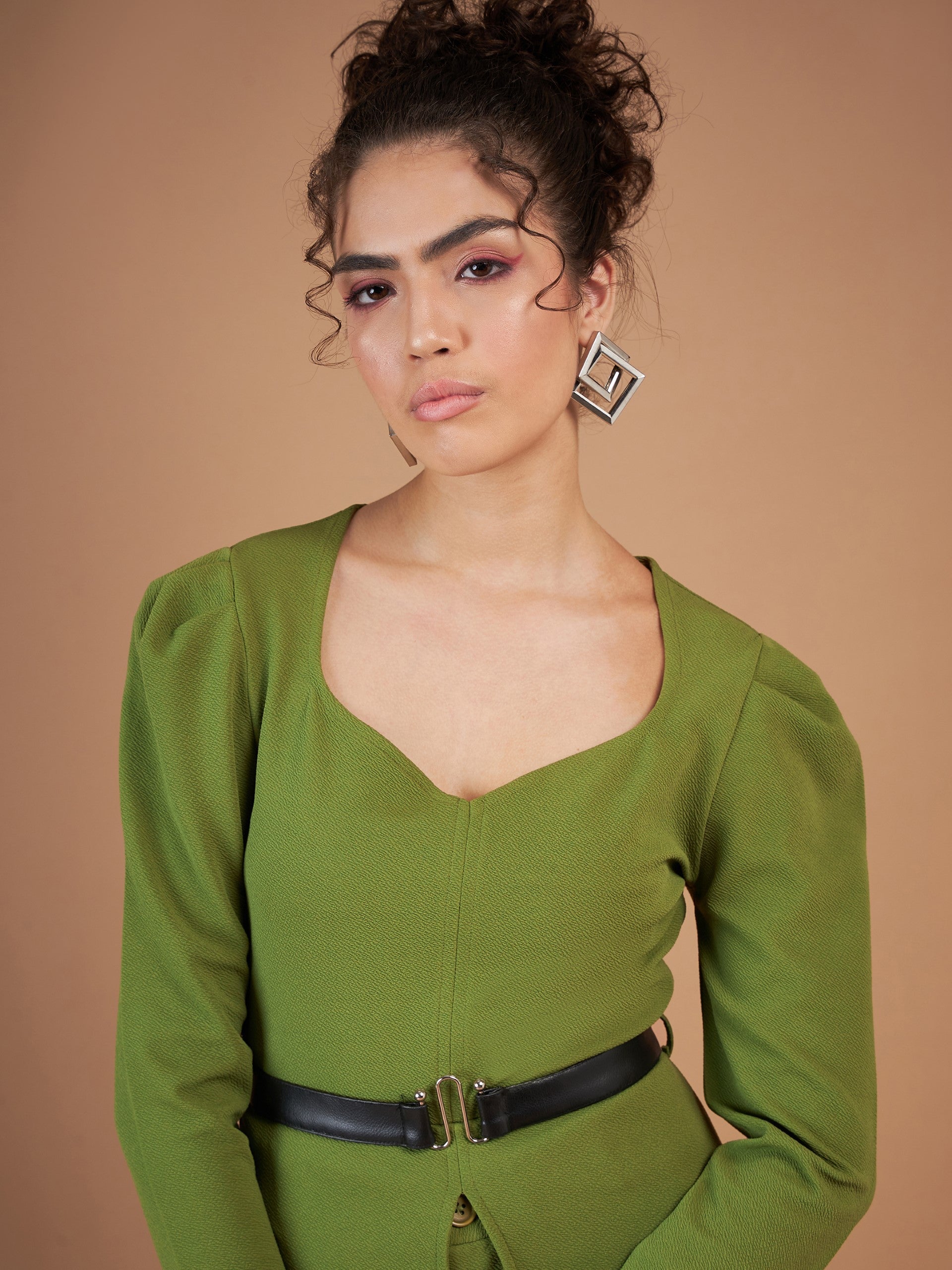 Green Belted Peplum Top With Darted Straight Pants-SASSAFRAS