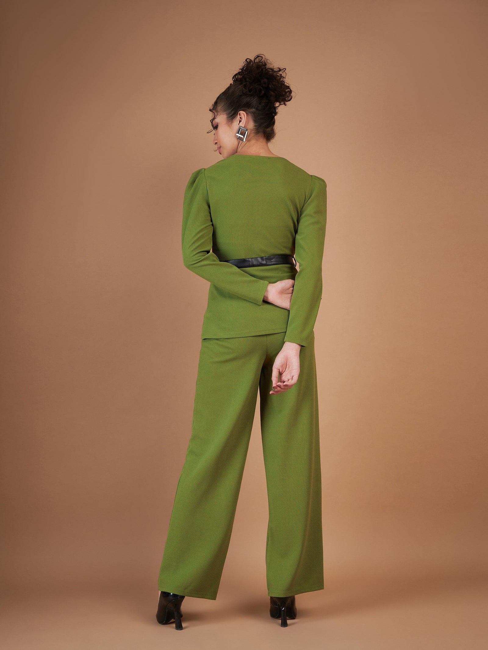 Green Belted Peplum Top With Darted Straight Pants-SASSAFRAS