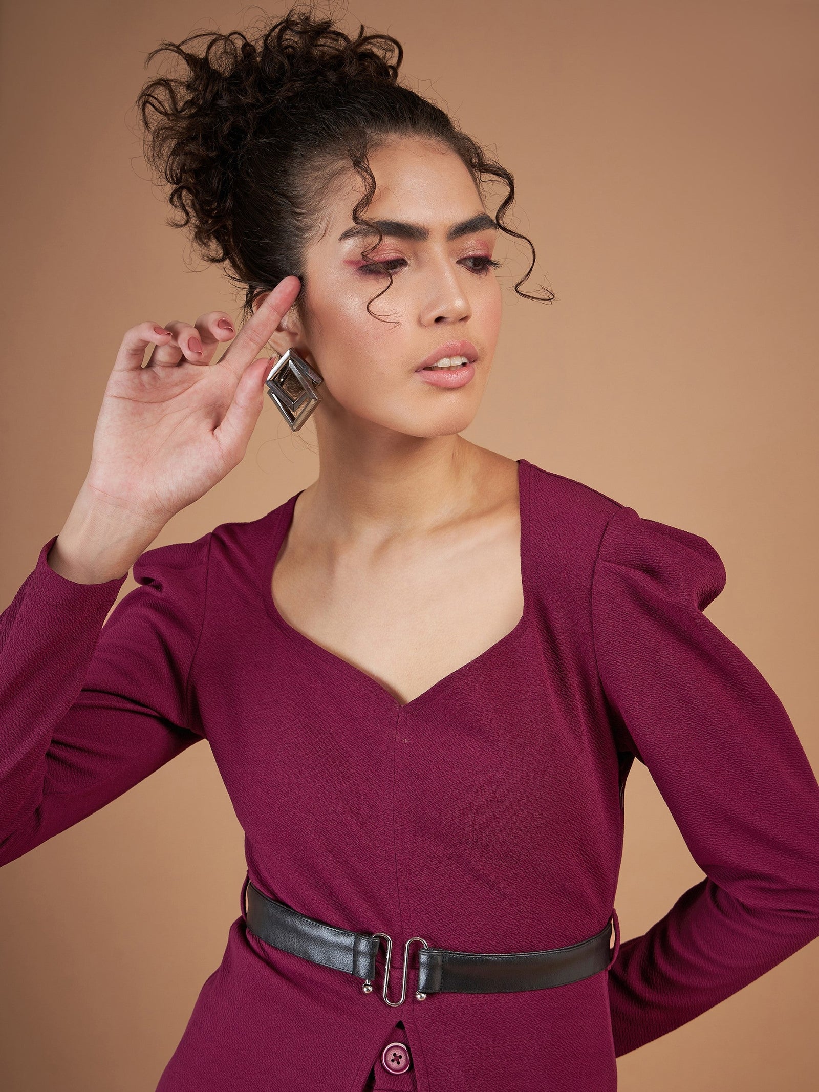 Maroon Belted Peplum Top With Darted Straight Pants-SASSAFRAS