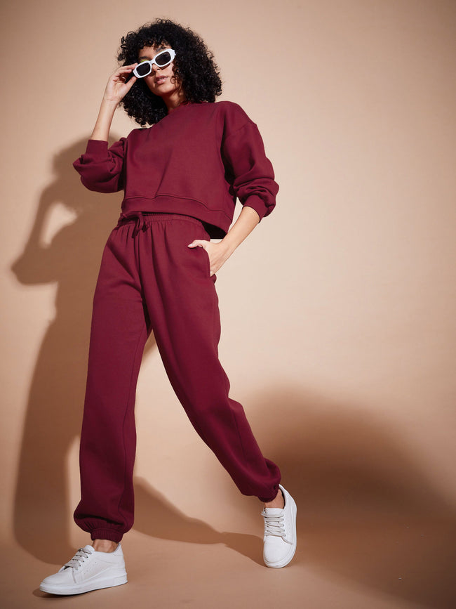 Women Maroon Fleece Oversized Sweatshirt With Joggers