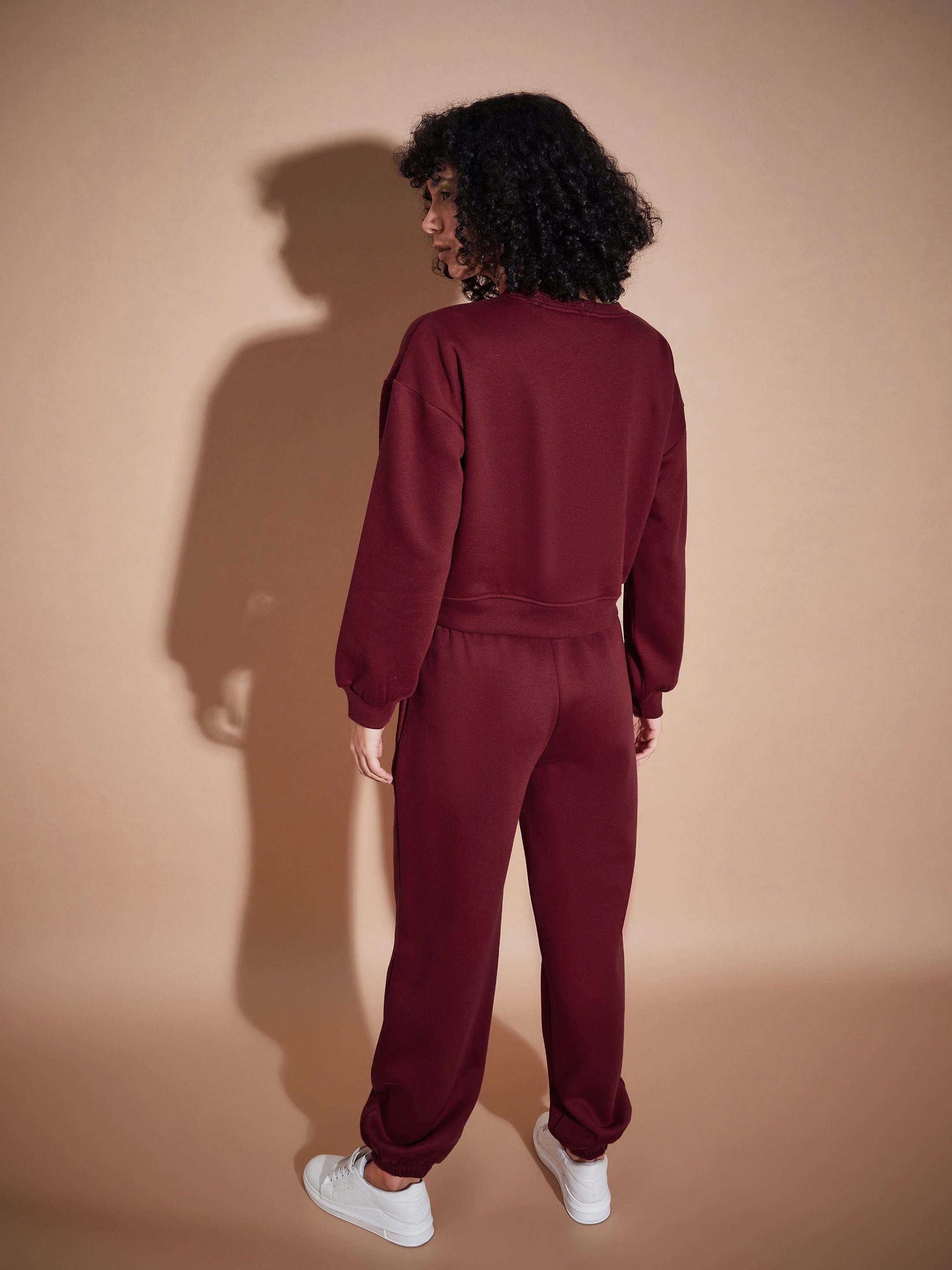 Women Maroon Fleece Oversized Sweatshirt With Joggers