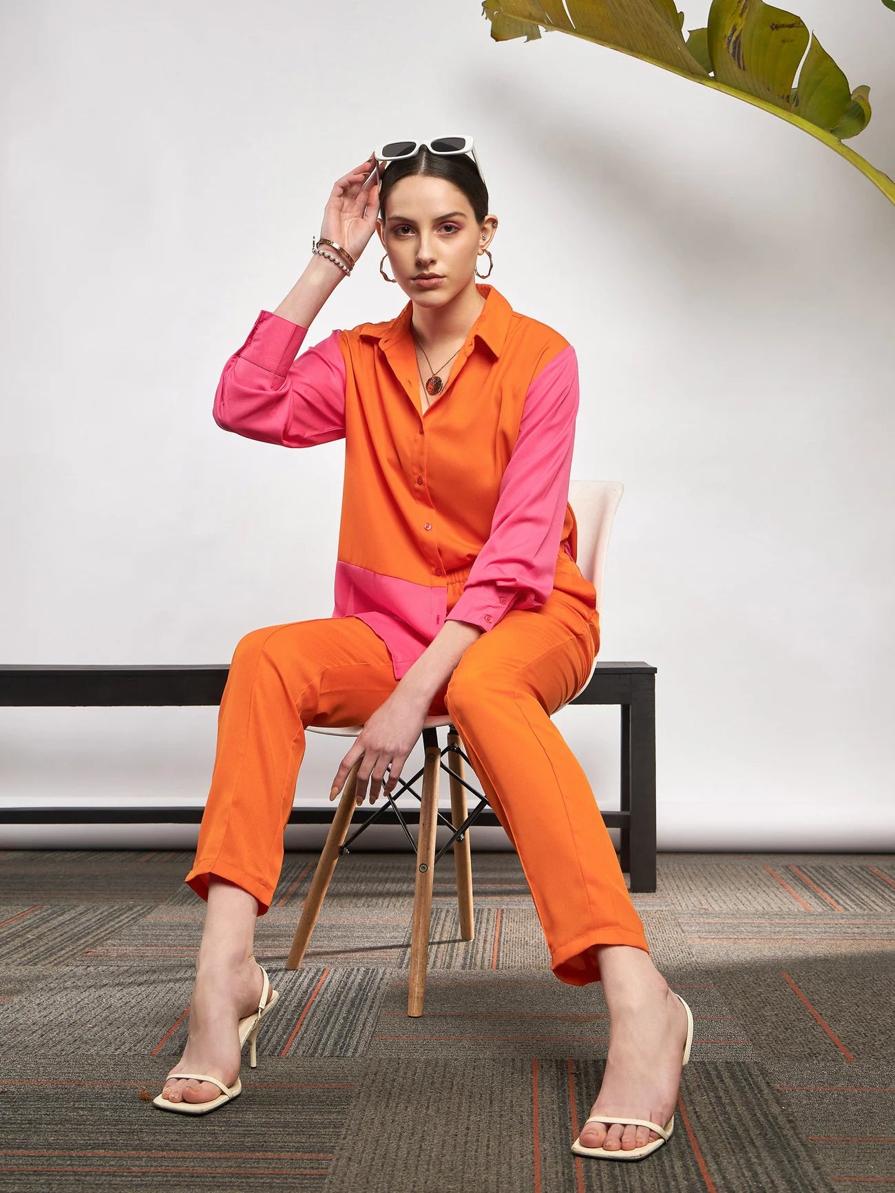 Women Orange & Pink ColorBlock Shirt With Darted Pants