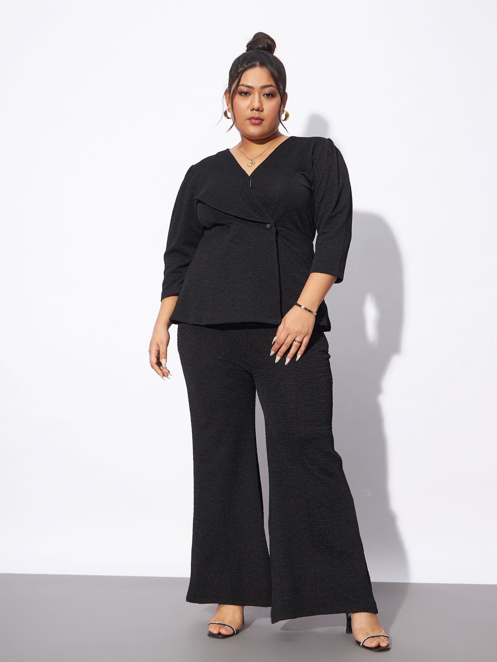 Black Wrap Top With Straight Pants-SASSAFRAS Curve