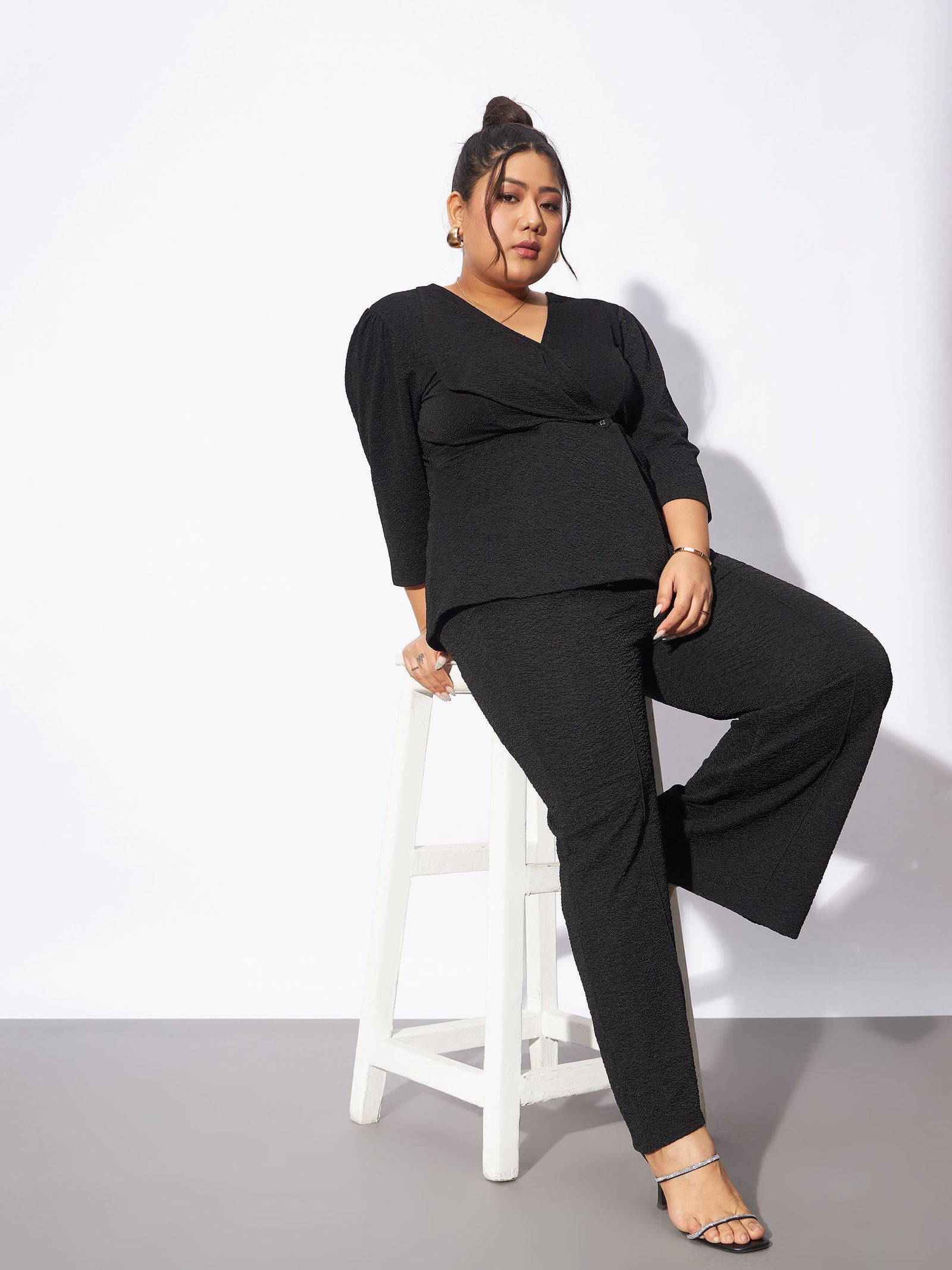 Black Wrap Top With Straight Pants-SASSAFRAS Curve