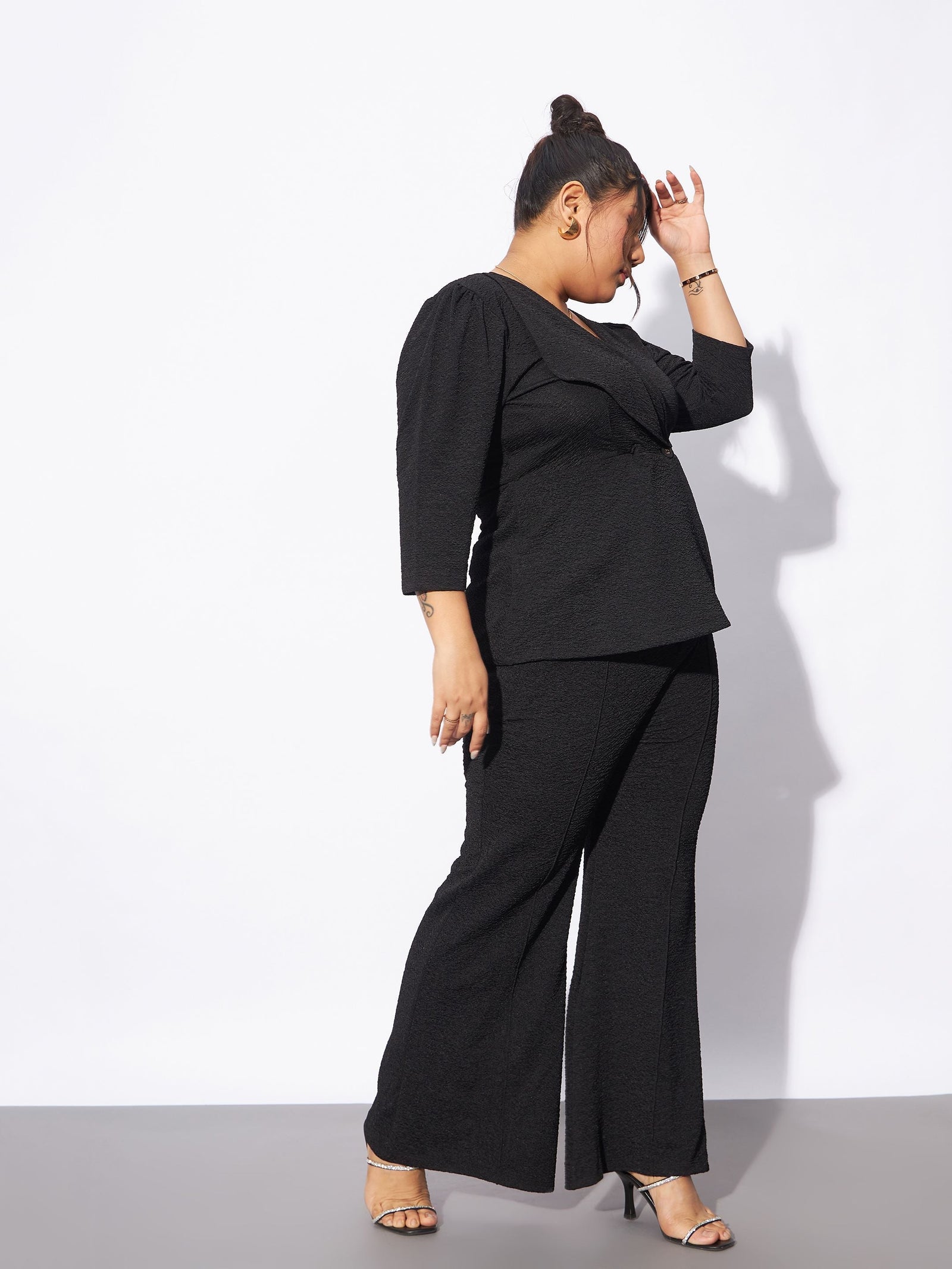 Black Wrap Top With Straight Pants-SASSAFRAS Curve