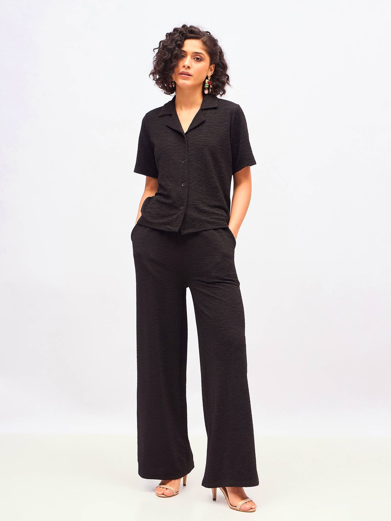 Women Black Knit Notch Collar Shirt With Darted Pants