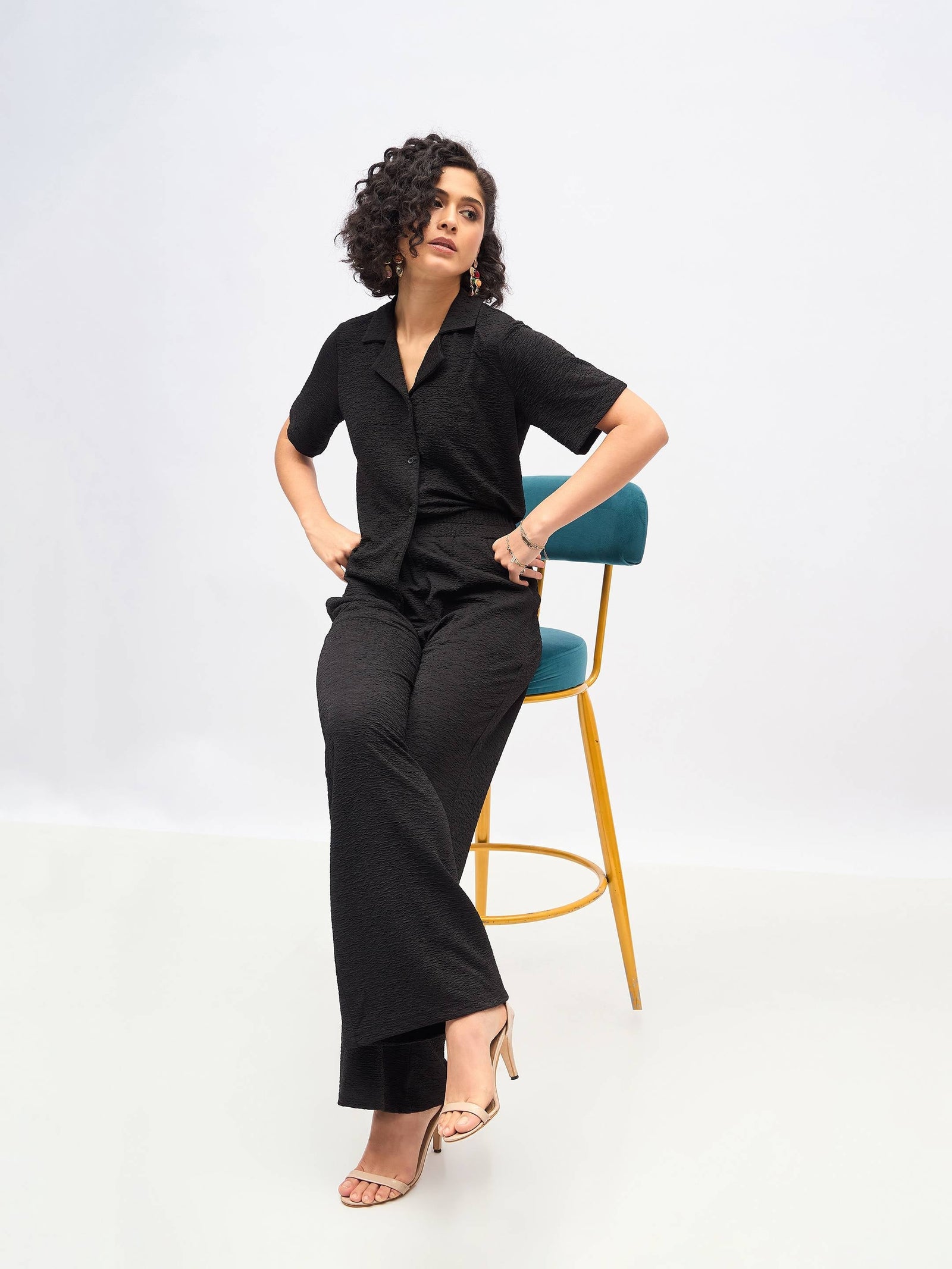 Women Black Knit Notch Collar Shirt With Darted Pants