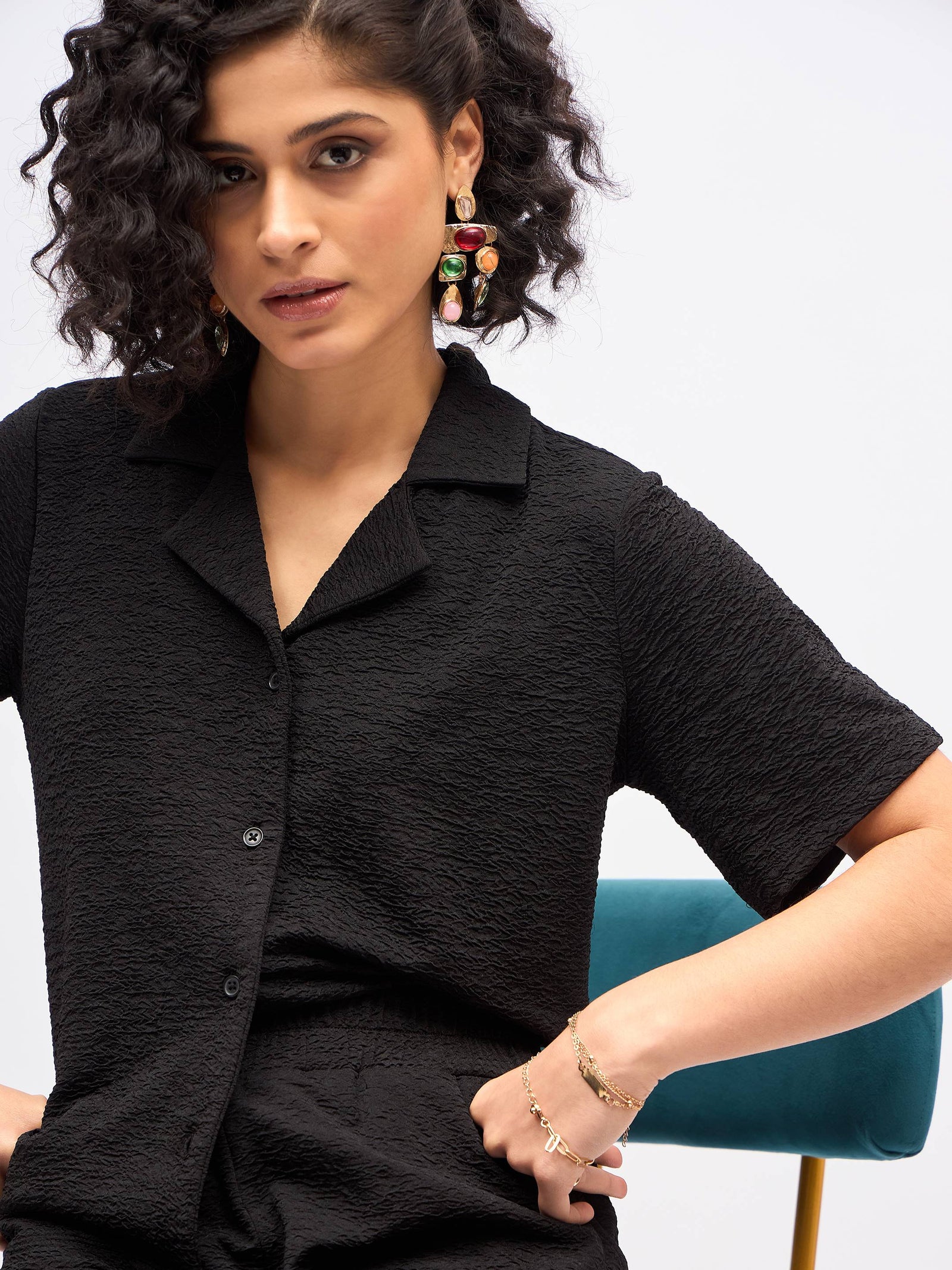 Women Black Knit Notch Collar Shirt With Darted Pants