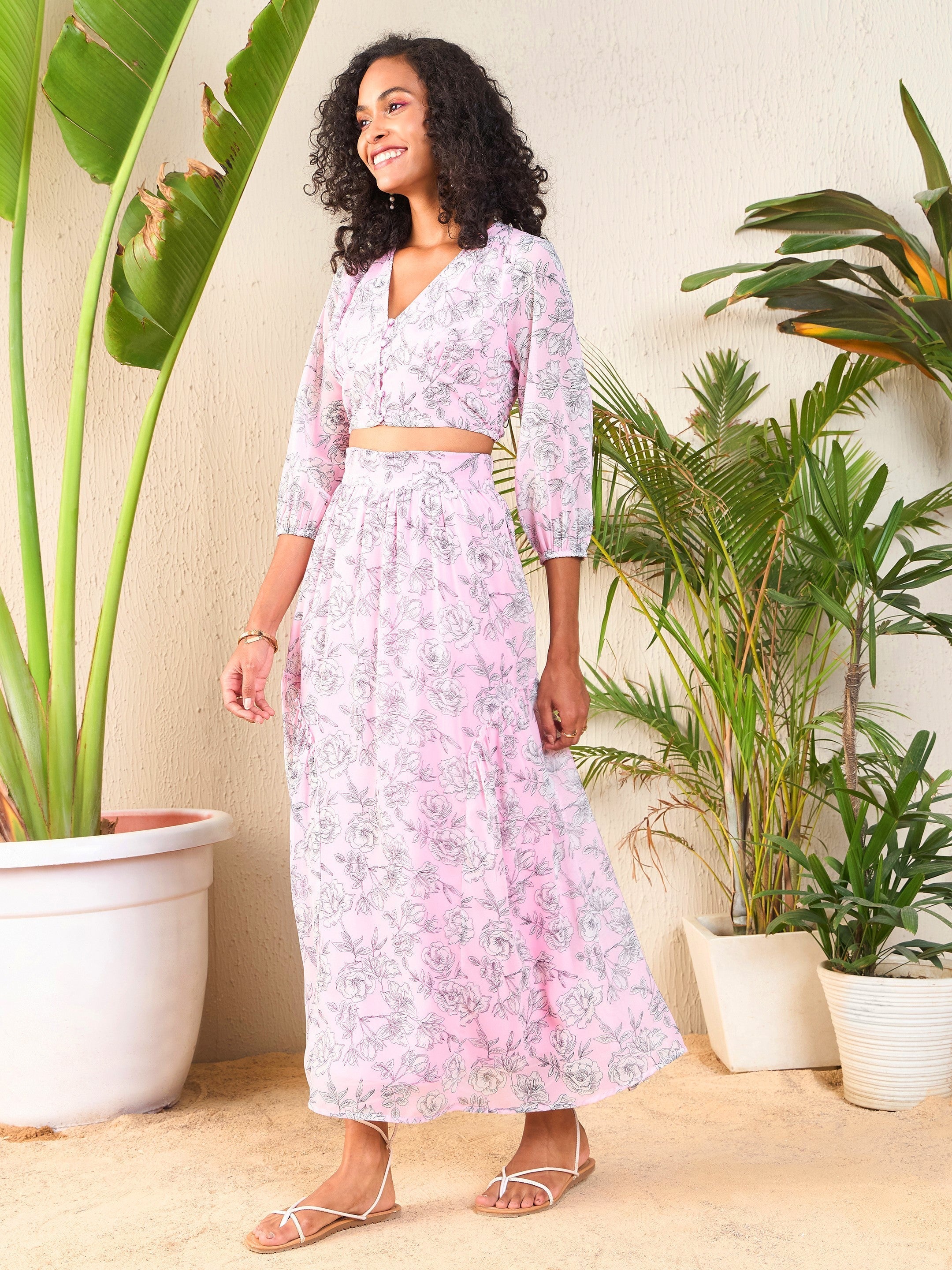 Pink Floral Crop Top With Flared Midi Skirt-SASSAFRAS