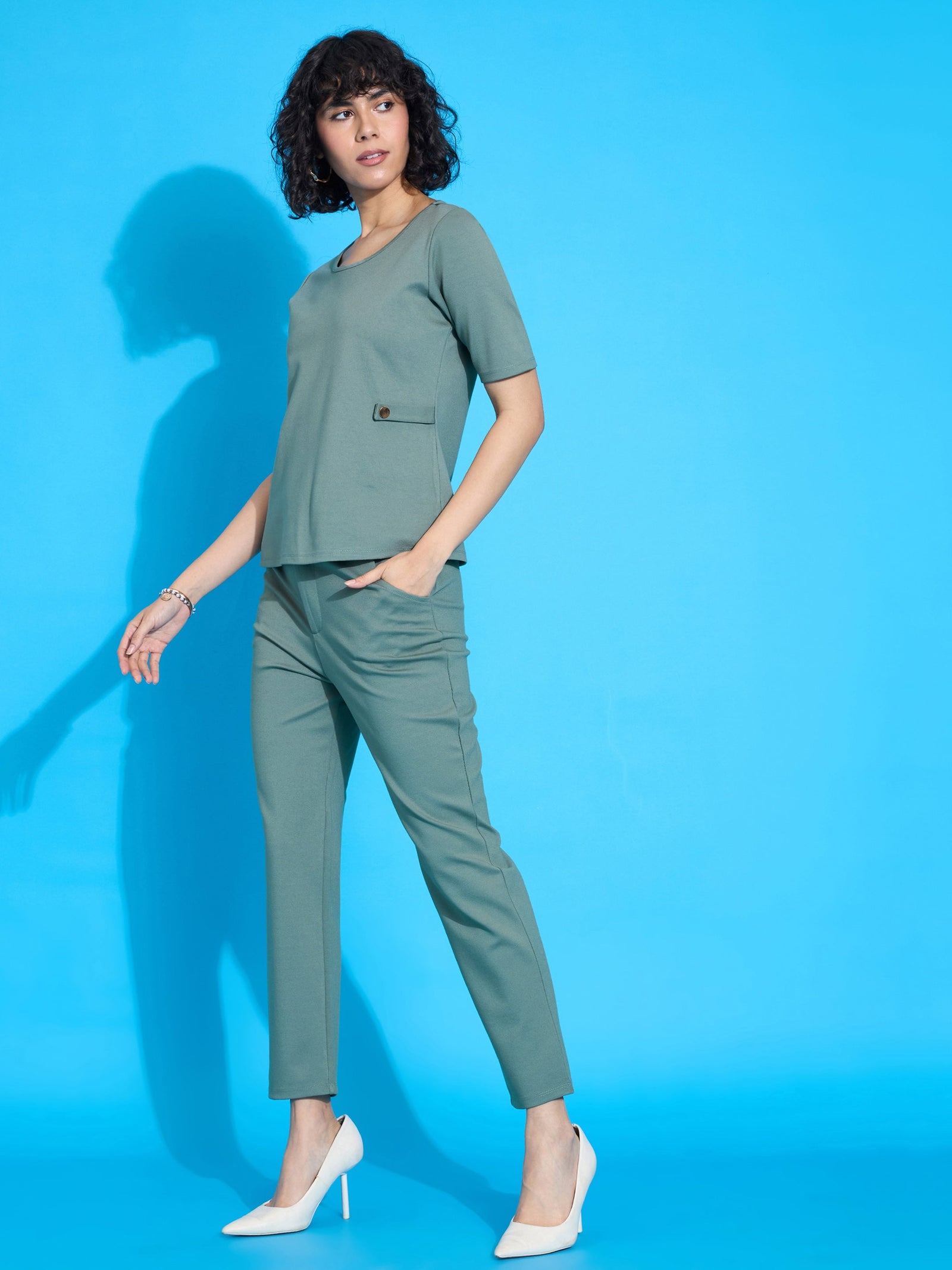 Green Half Sleeves Top With Tapered Pants-SASSAFRAS worklyf