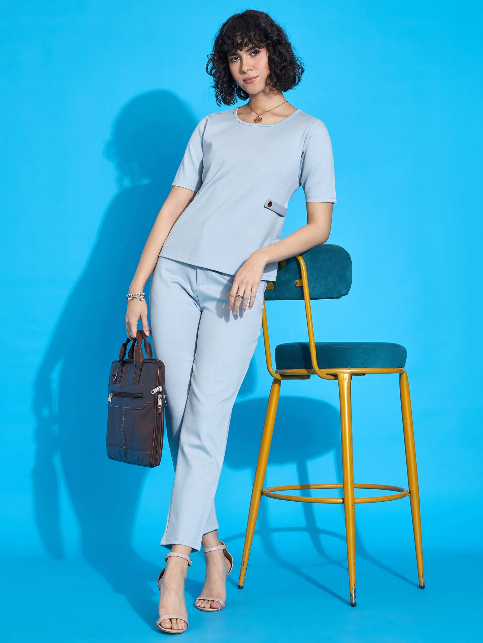 Blue Half Sleeves Top With Tapered Pants-SASSAFRAS worklyf