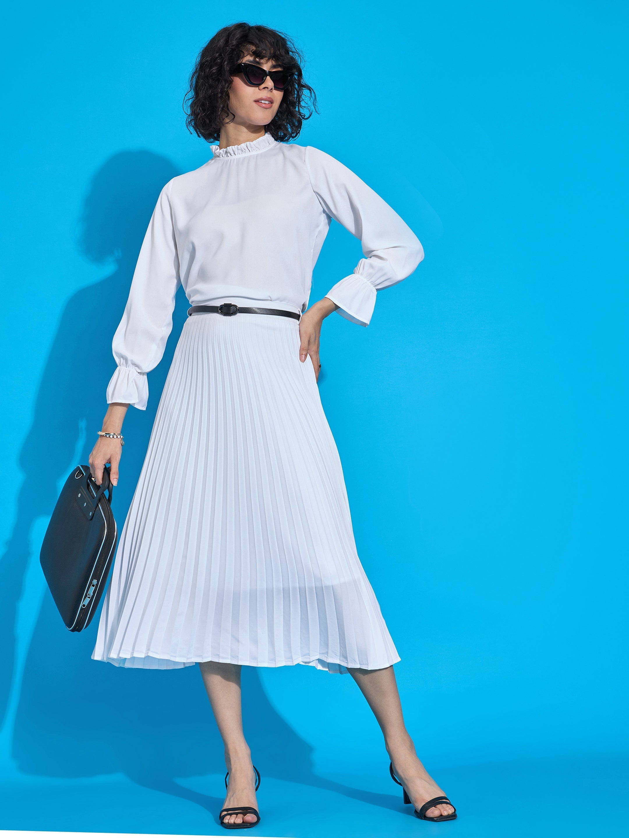 White Ruffled Neck Blouse With Pleated Skirt-SASSAFRAS worklyf