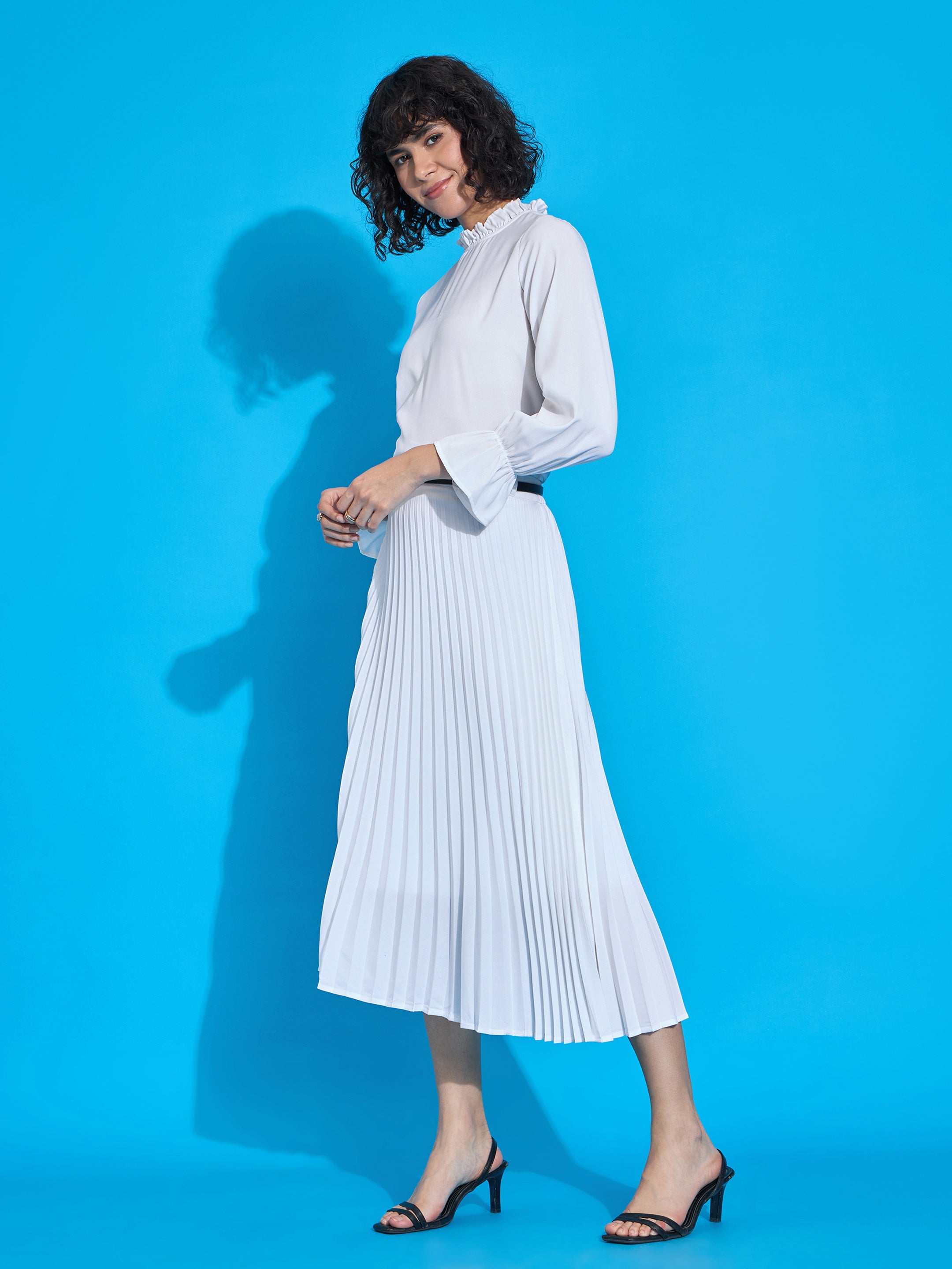 White Ruffled Neck Blouse With Pleated Skirt-SASSAFRAS worklyf