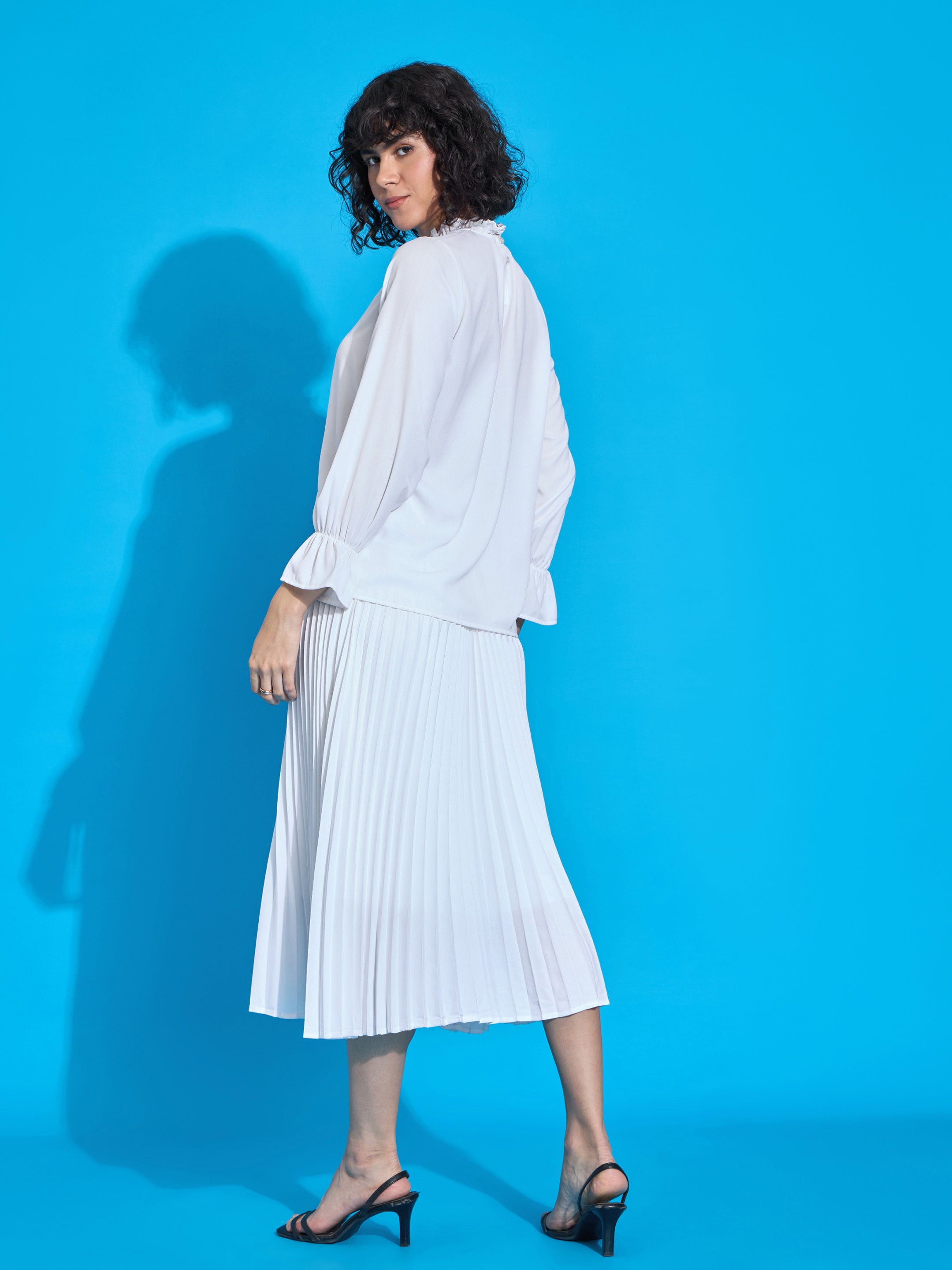 White Ruffled Neck Blouse With Pleated Skirt-SASSAFRAS worklyf