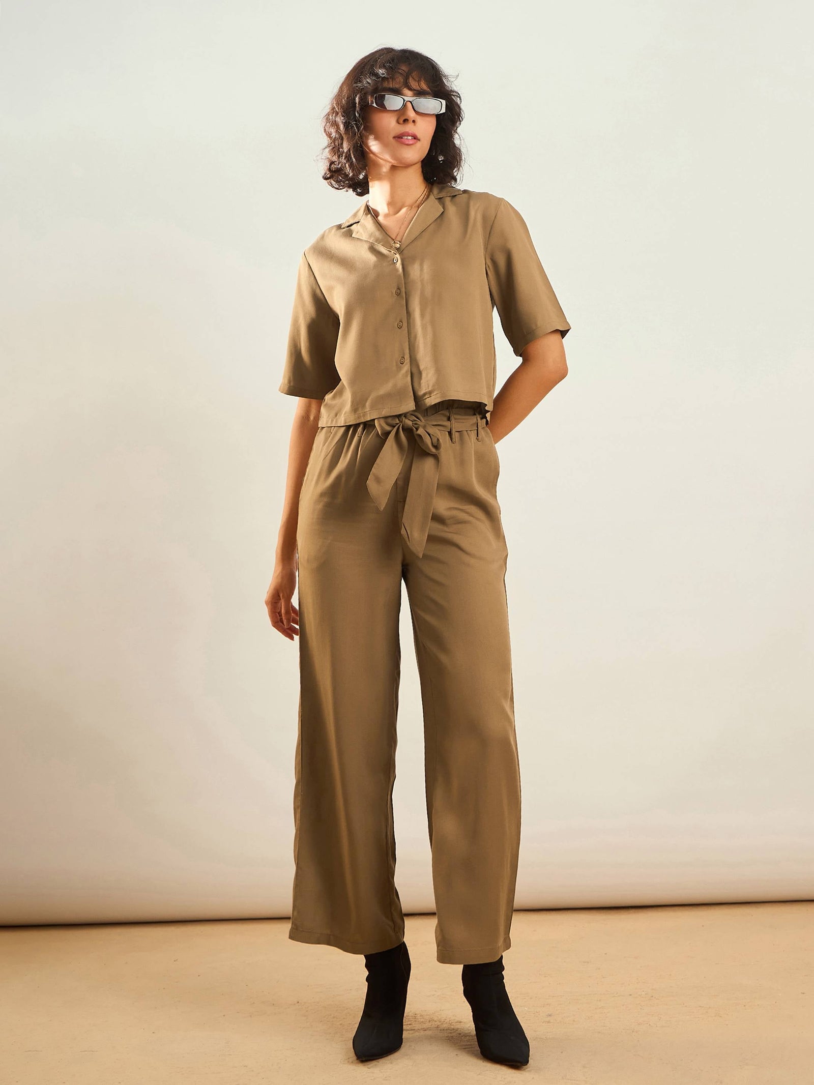 Women Khaki Notch Collar Shirt With Paperback Waist Pants