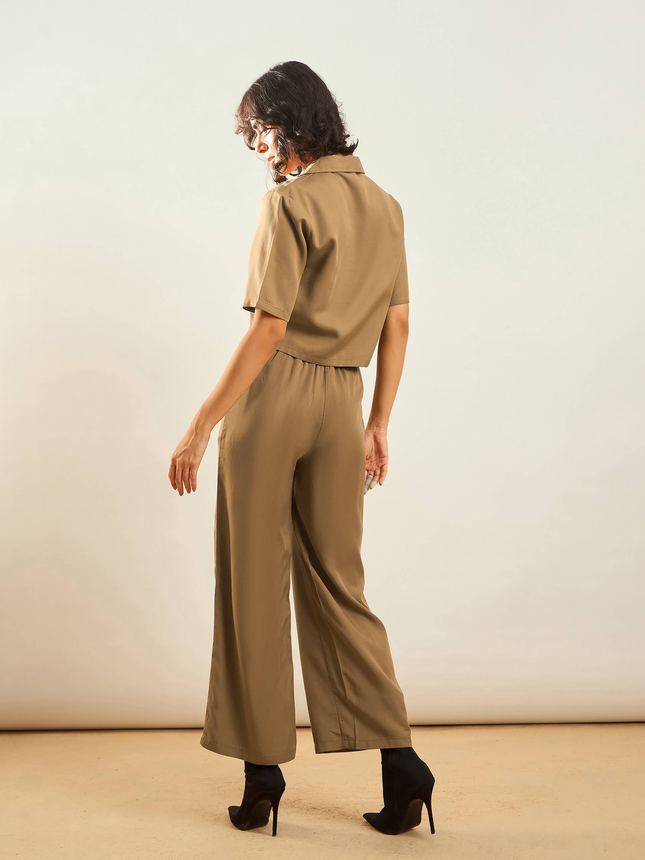 Women Khaki Notch Collar Shirt With Paperback Waist Pants