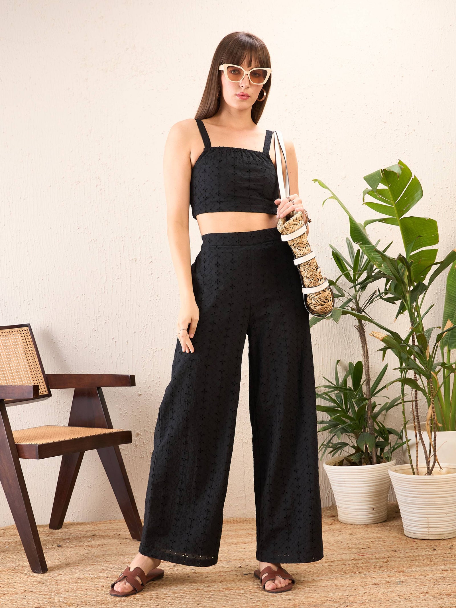 Black Schiffli Crop Top With Straight Pants-SASSAFRAS