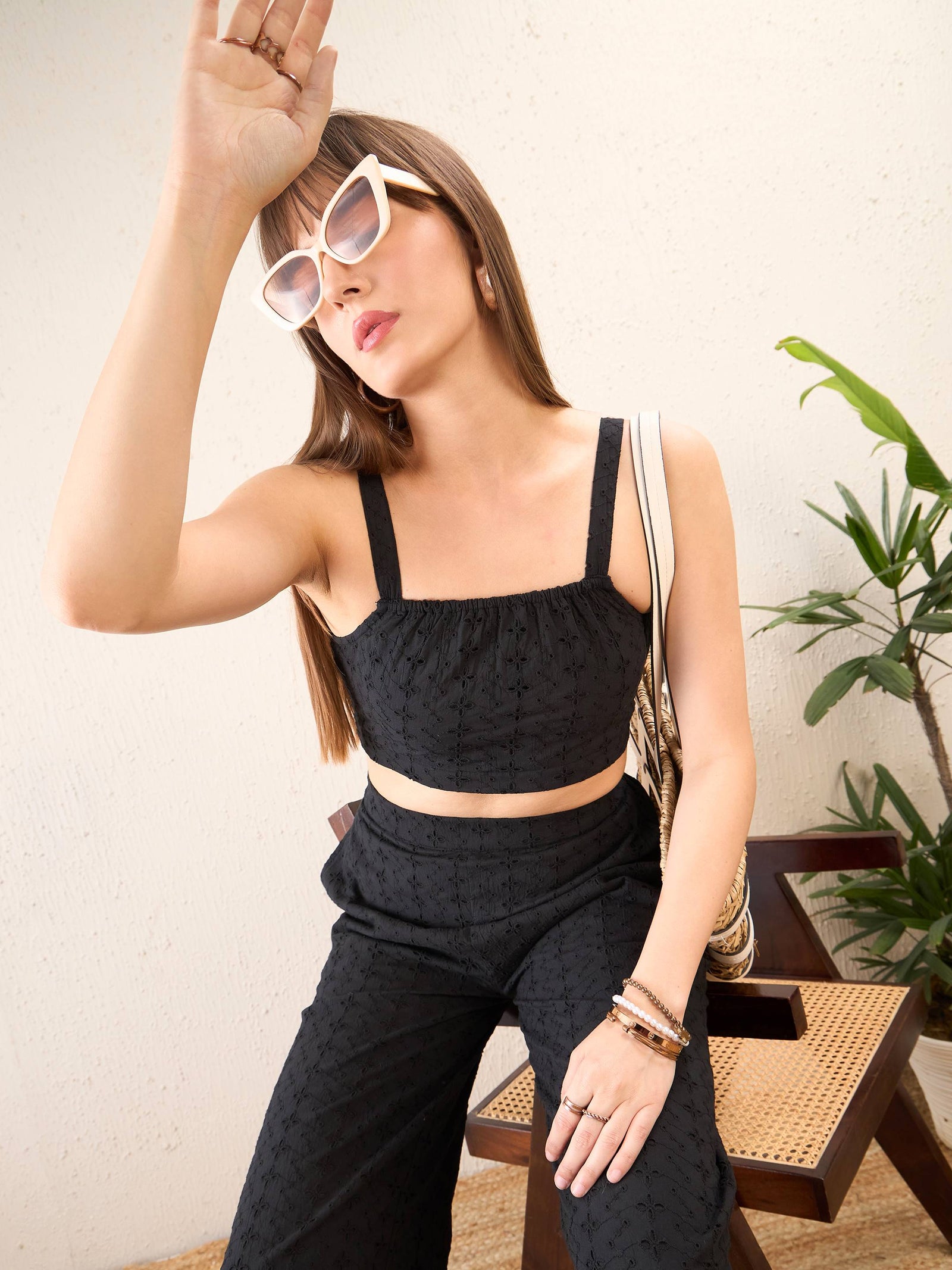 Black Schiffli Crop Top With Straight Pants-SASSAFRAS