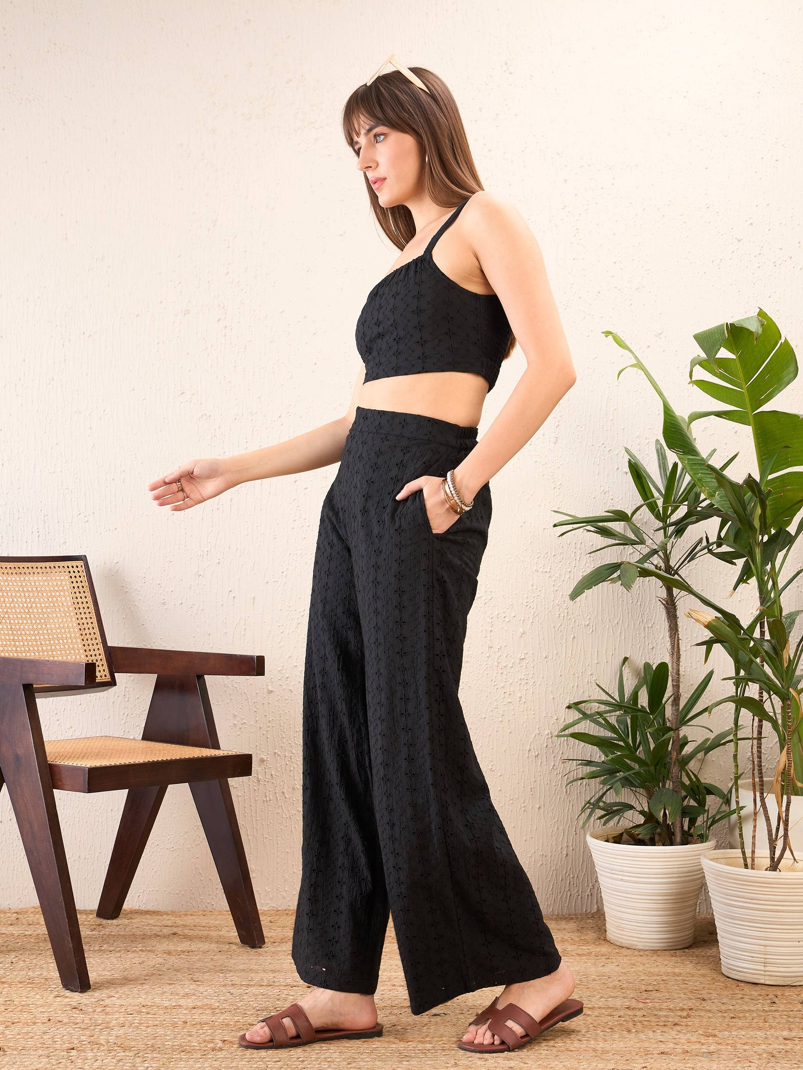 Black Schiffli Crop Top With Straight Pants-SASSAFRAS