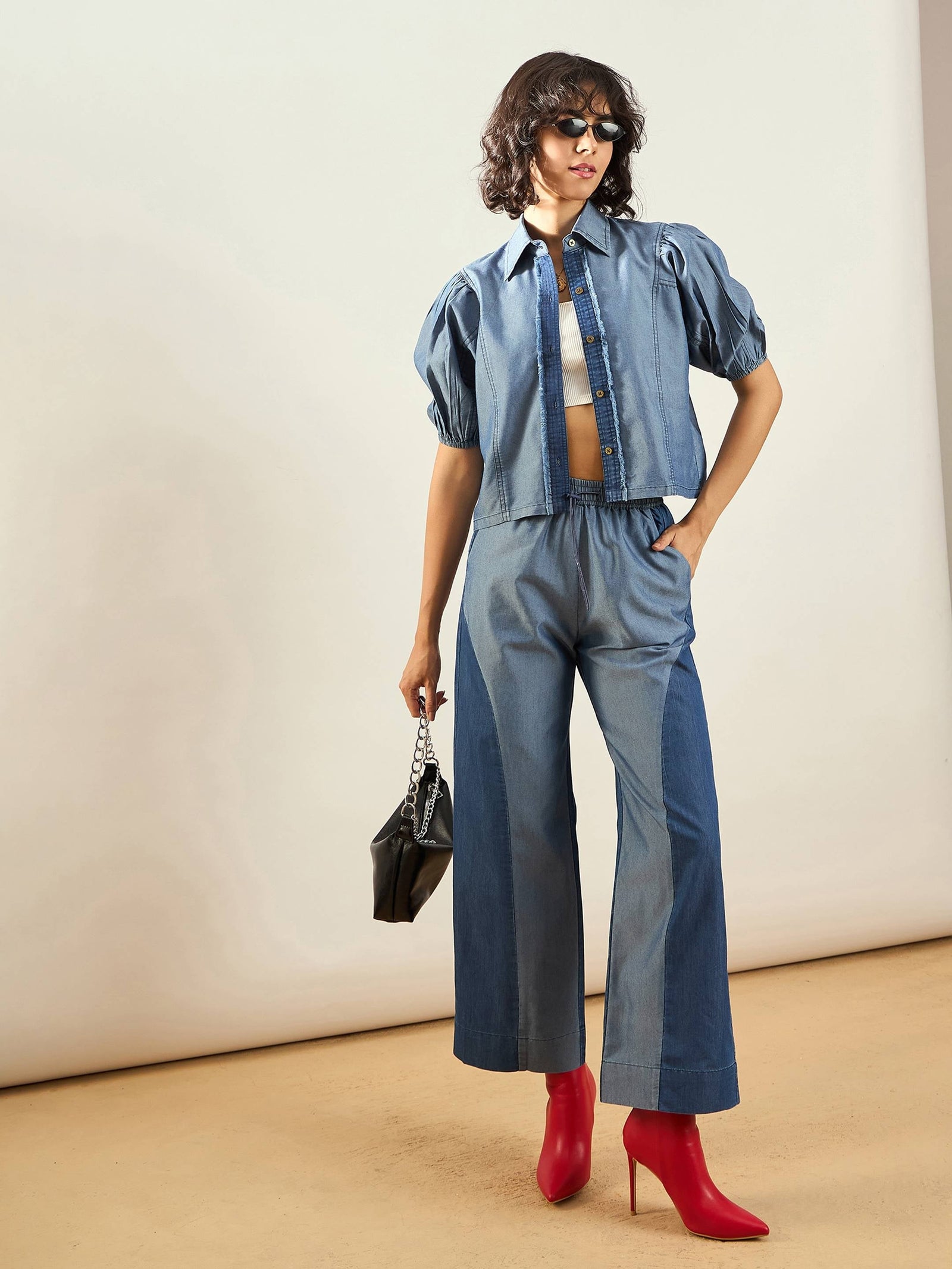 Blue Tencel ColorBlock Shirt With Straight Pants-SASSAFRAS