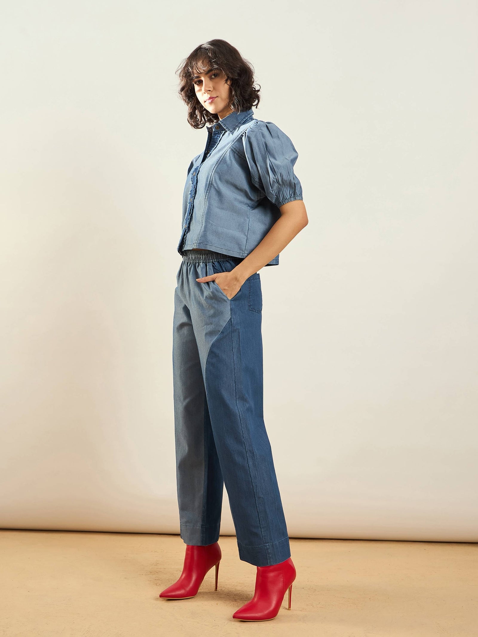 Blue Tencel ColorBlock Shirt With Straight Pants-SASSAFRAS