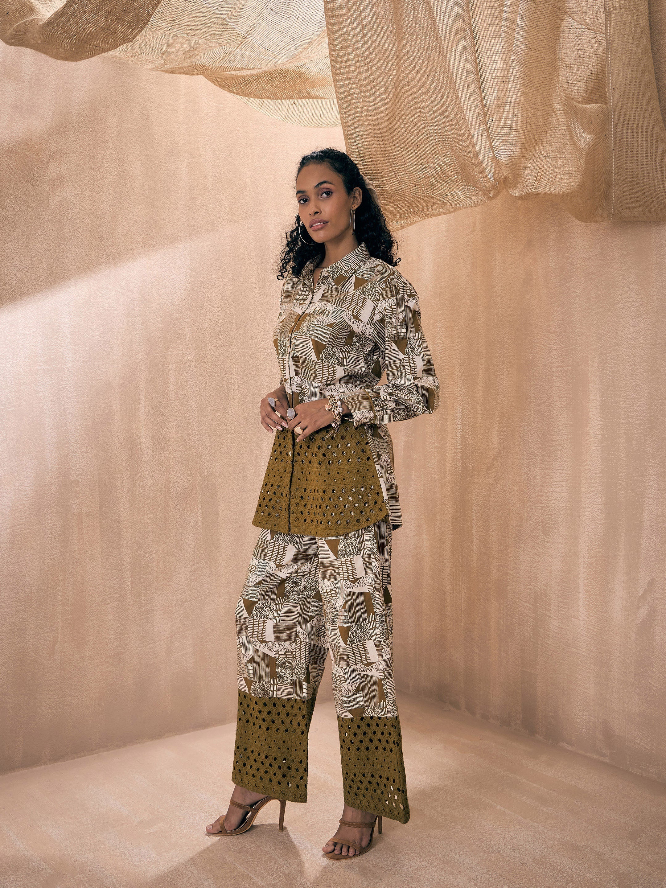 Women Green Abstract Schiffli Shirt With Wide Pants