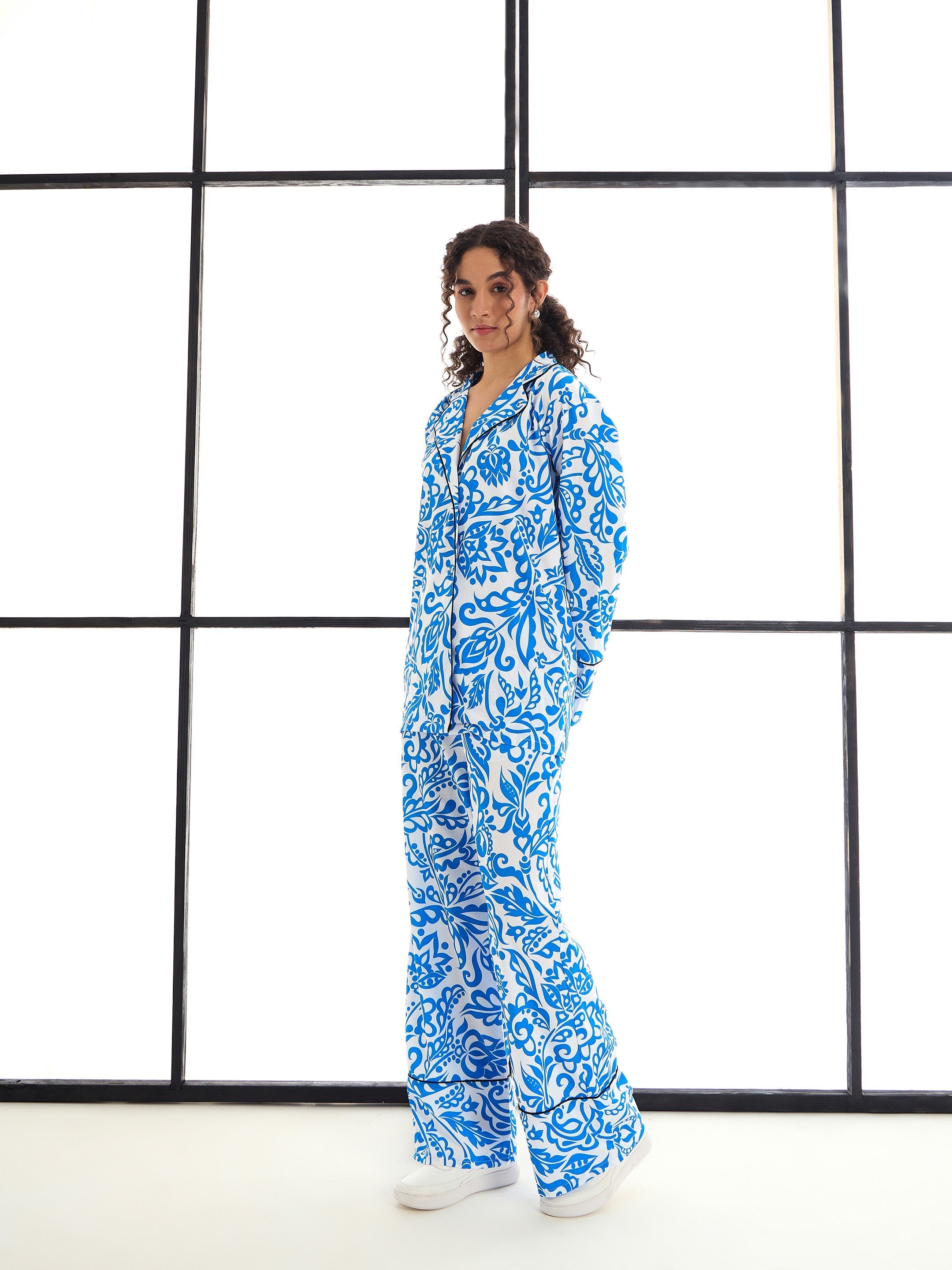 Women Blue Floral Lounge Shirt With Pants